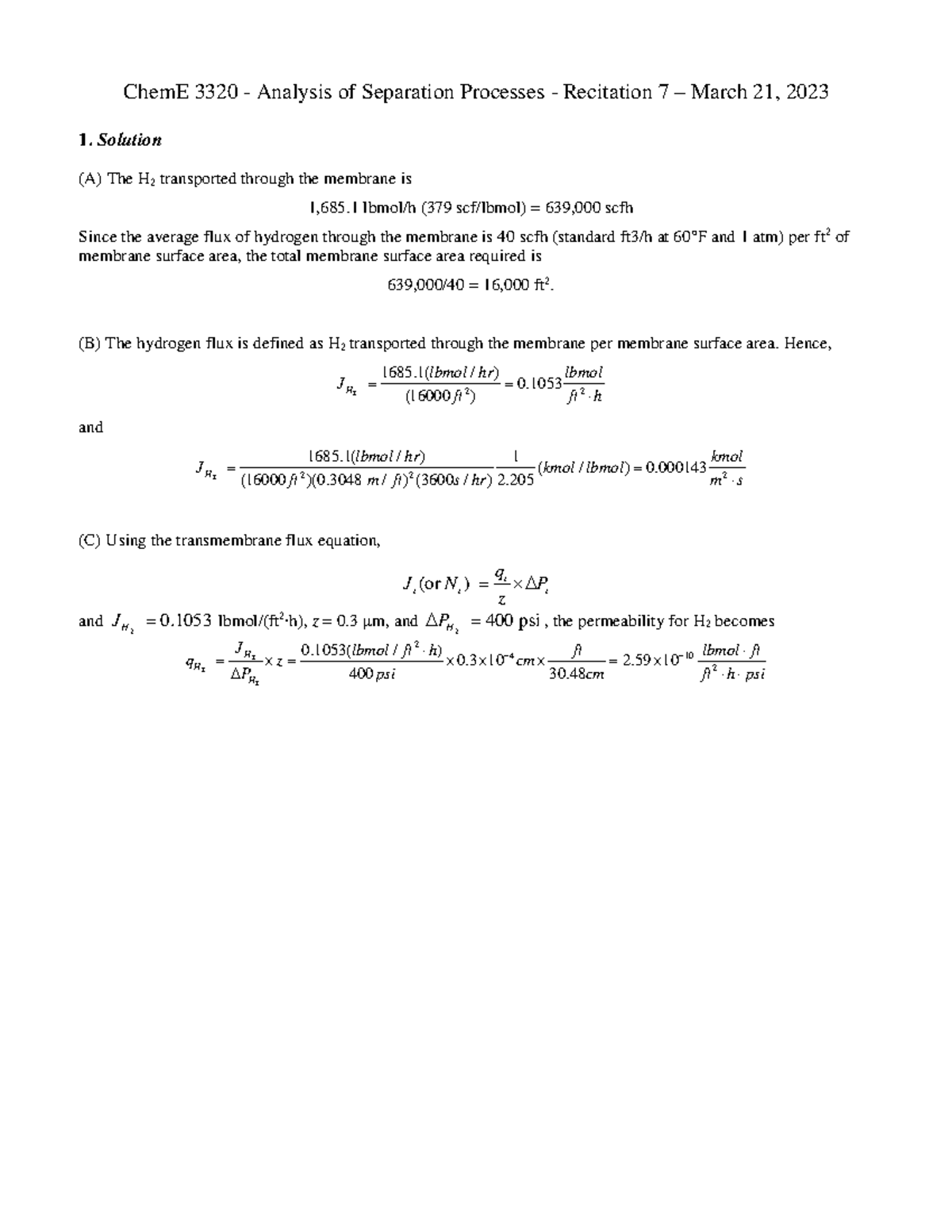 Recitation 7 soln problems 1 and 2 - ChemE 3320 - Analysis of ...