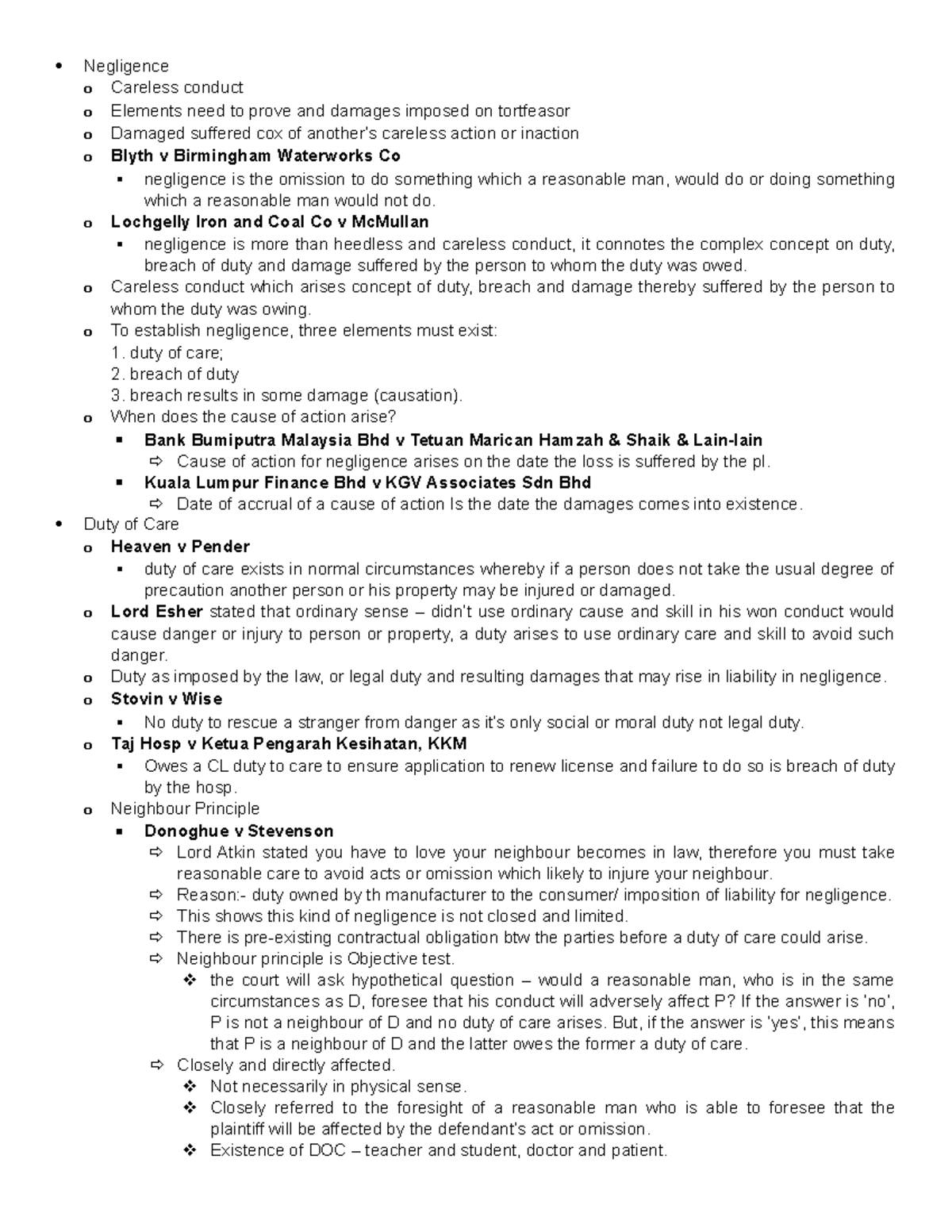 Topic 5 - Negligence (Duty of Care) - Negligence o Careless conduct o ...