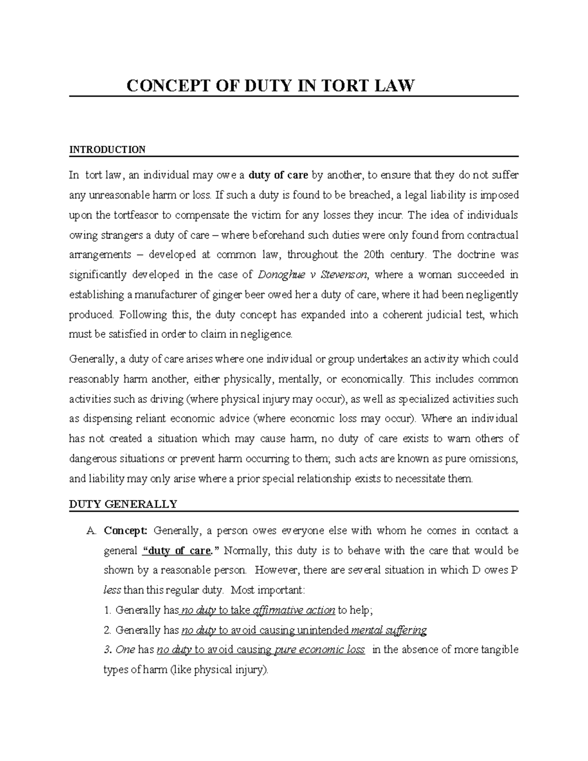 Concept OF DUTY IN TORT LAW - CONCEPT OF DUTY IN TORT LAW INTRODUCTION ...