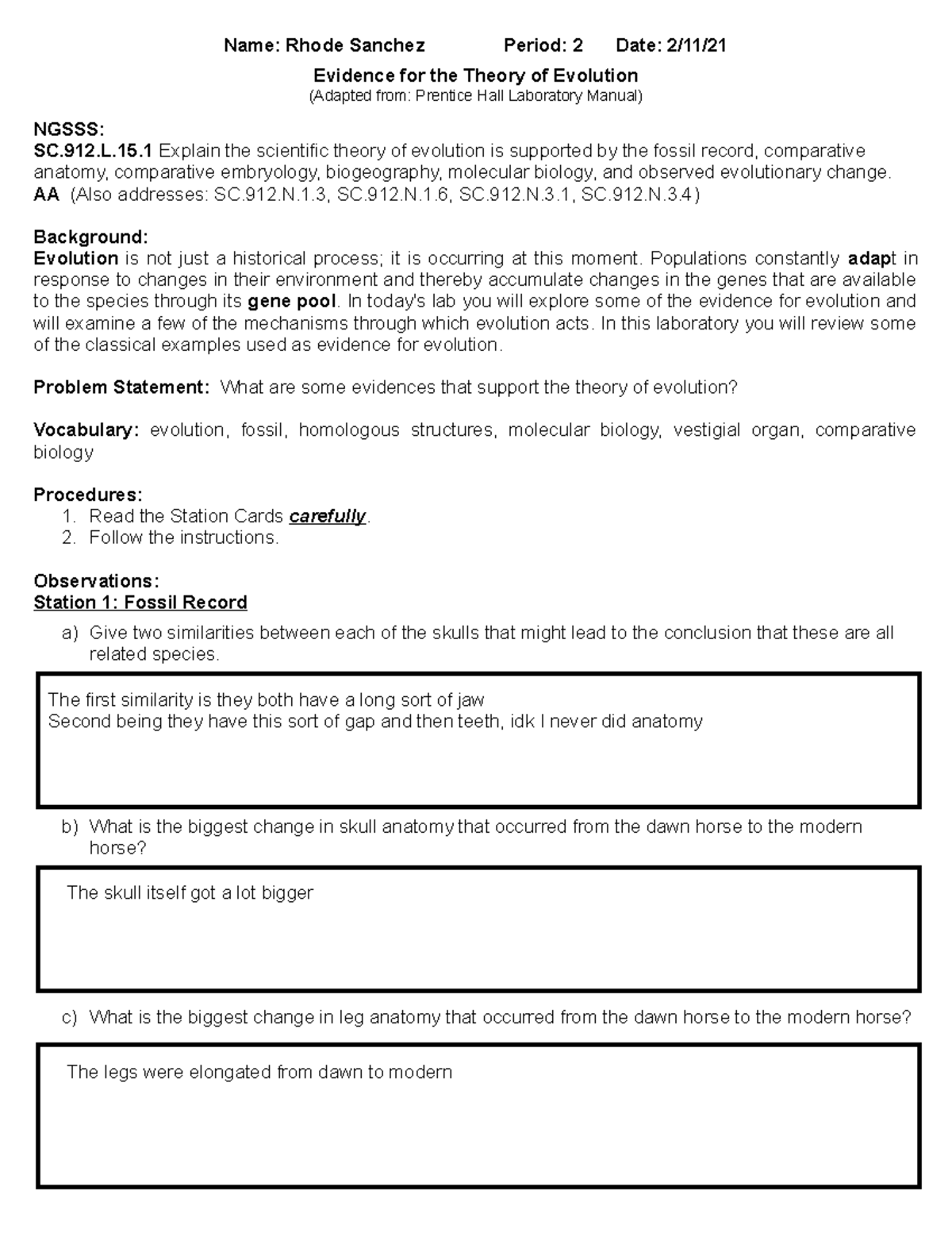 Lesson Quiz Evidence Of Evolution Answer Key