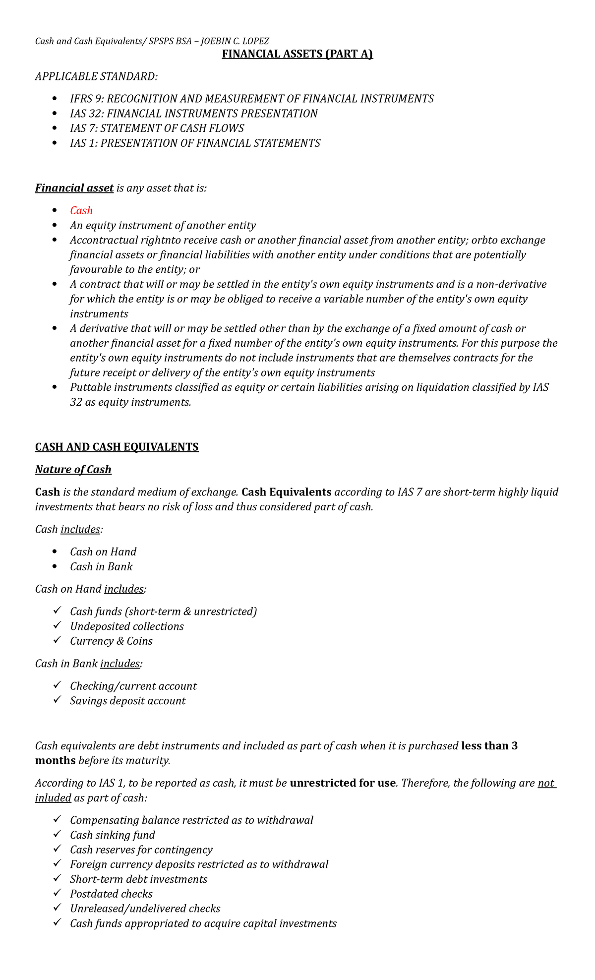 CASH AND CASH Equivalents FINANCIAL ASSETS (PART A) APPLICABLE