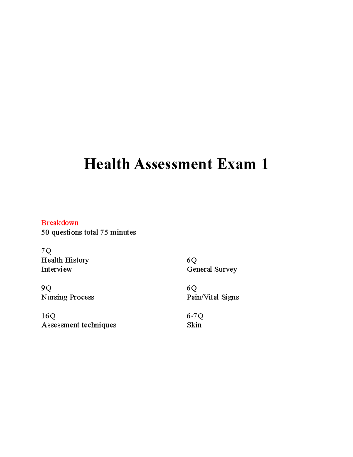 Health Assesment Study Guide Health Assessment Exam 1 Breakdown 50