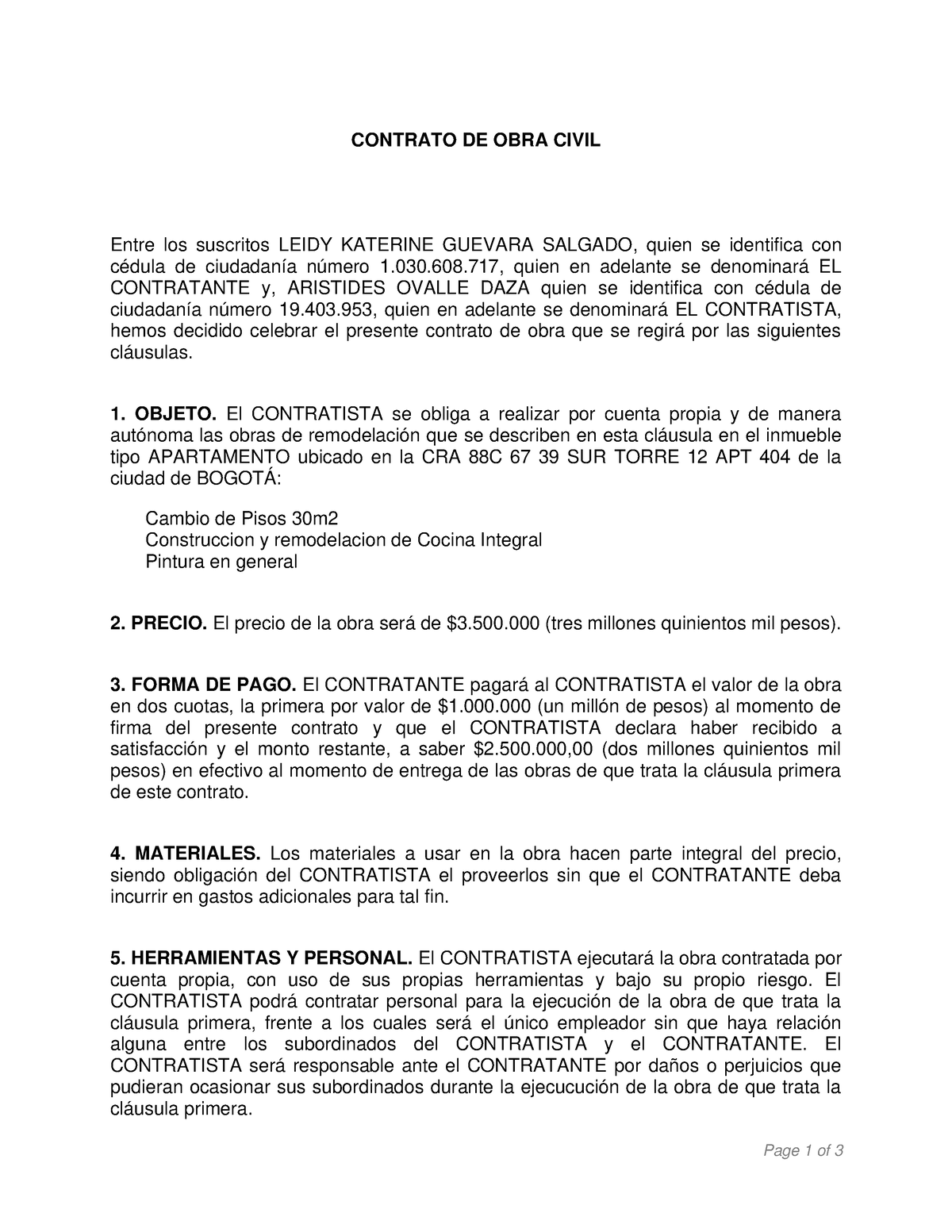 Contrato de obra civil Lk - Page 1 of 3 CONTRATO DE OBRA CIVIL Entre los  suscritos LEIDY KATERINE - Studocu