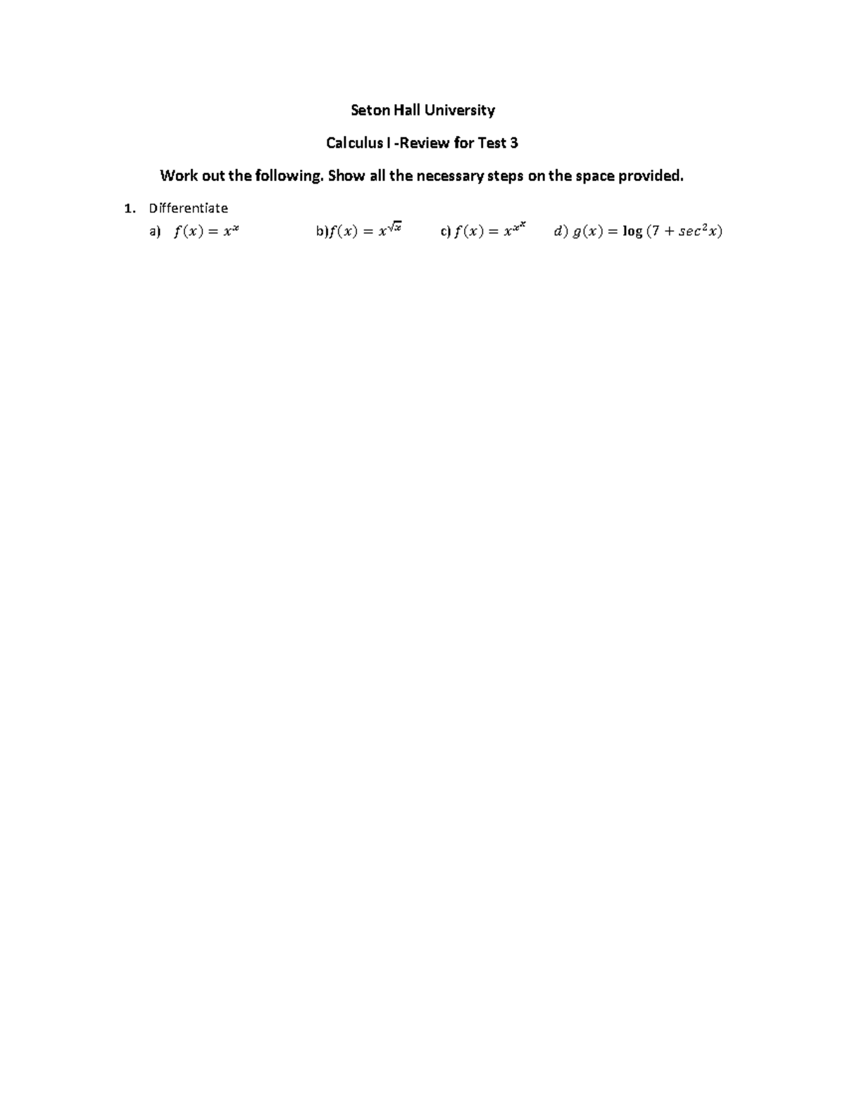 Review for Test 3 Version Fall 2022 - Seton Hall University Calculus I ...