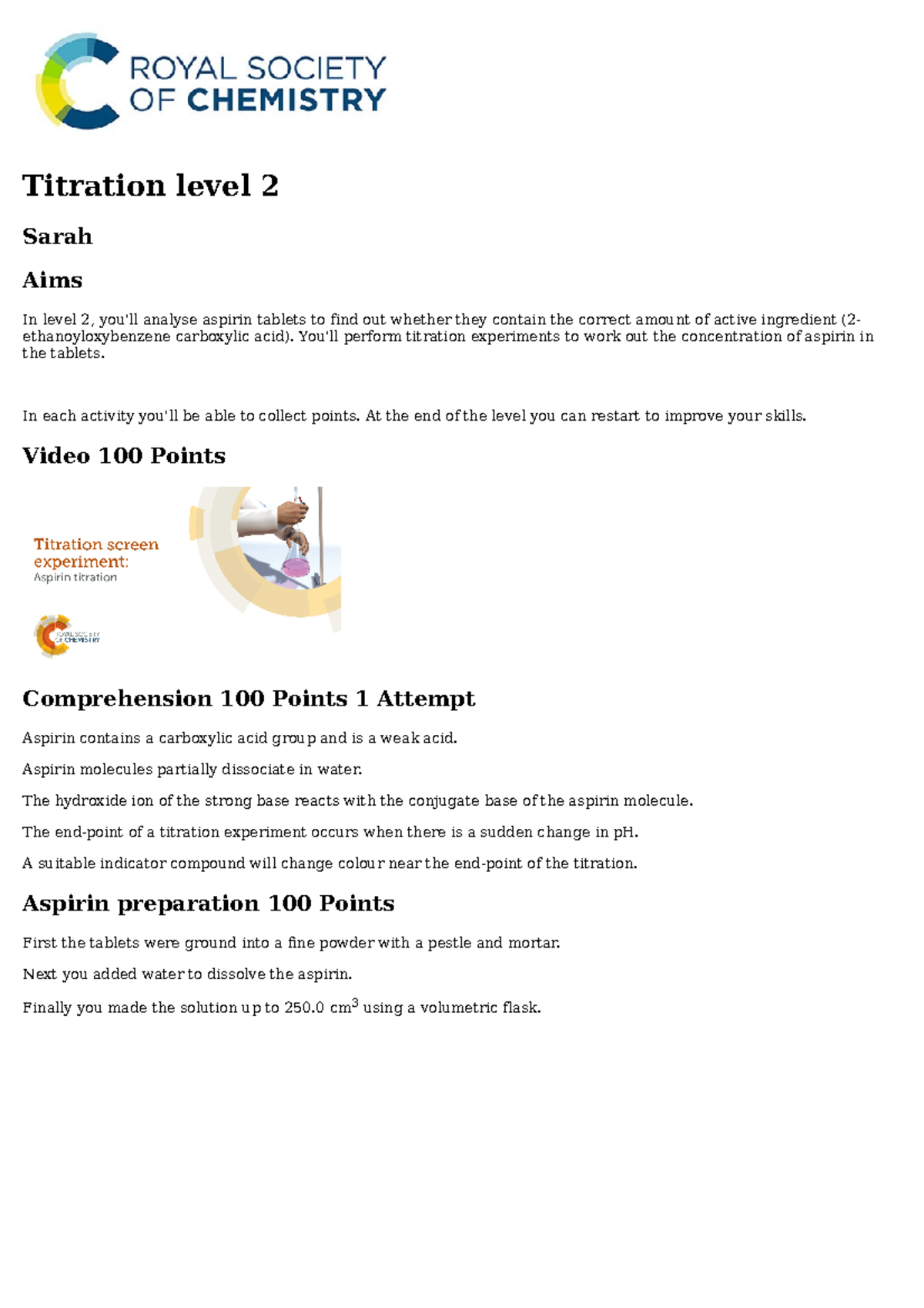 Titration LAB lab Titration level 2 Sarah Aims In level 2, you'll