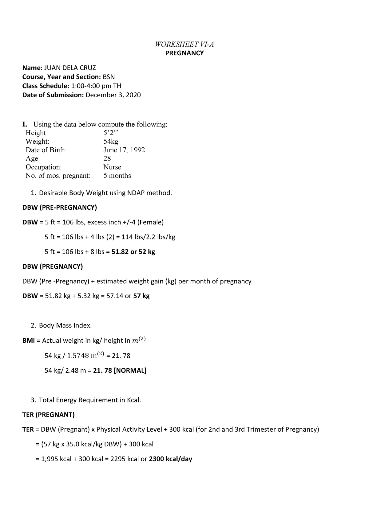 MCHN- Pregnancy Worksheets - WORKSHEET VI-A PREGNANCY Name: JUAN DELA ...