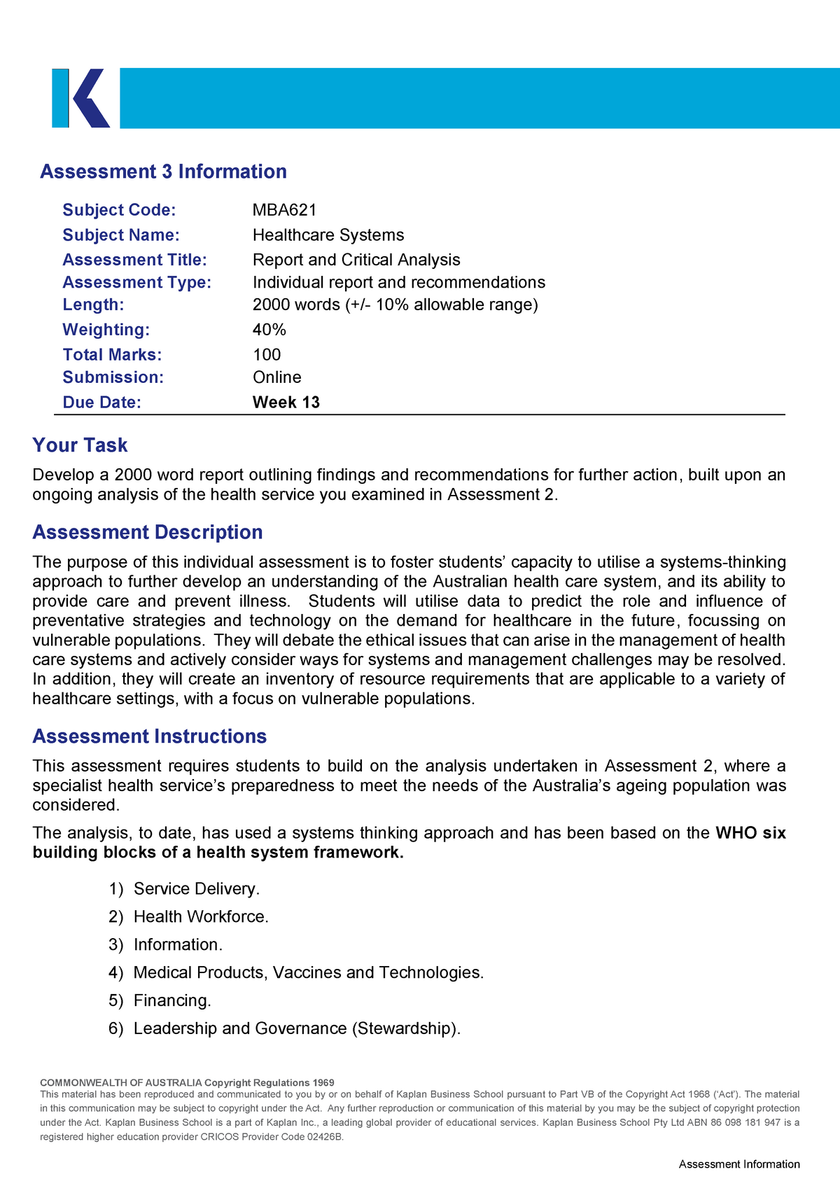 Mba621 T2 2020 Assessment 03 V02 Healthcare Systems 1 Assessment Information Commonwealth Of