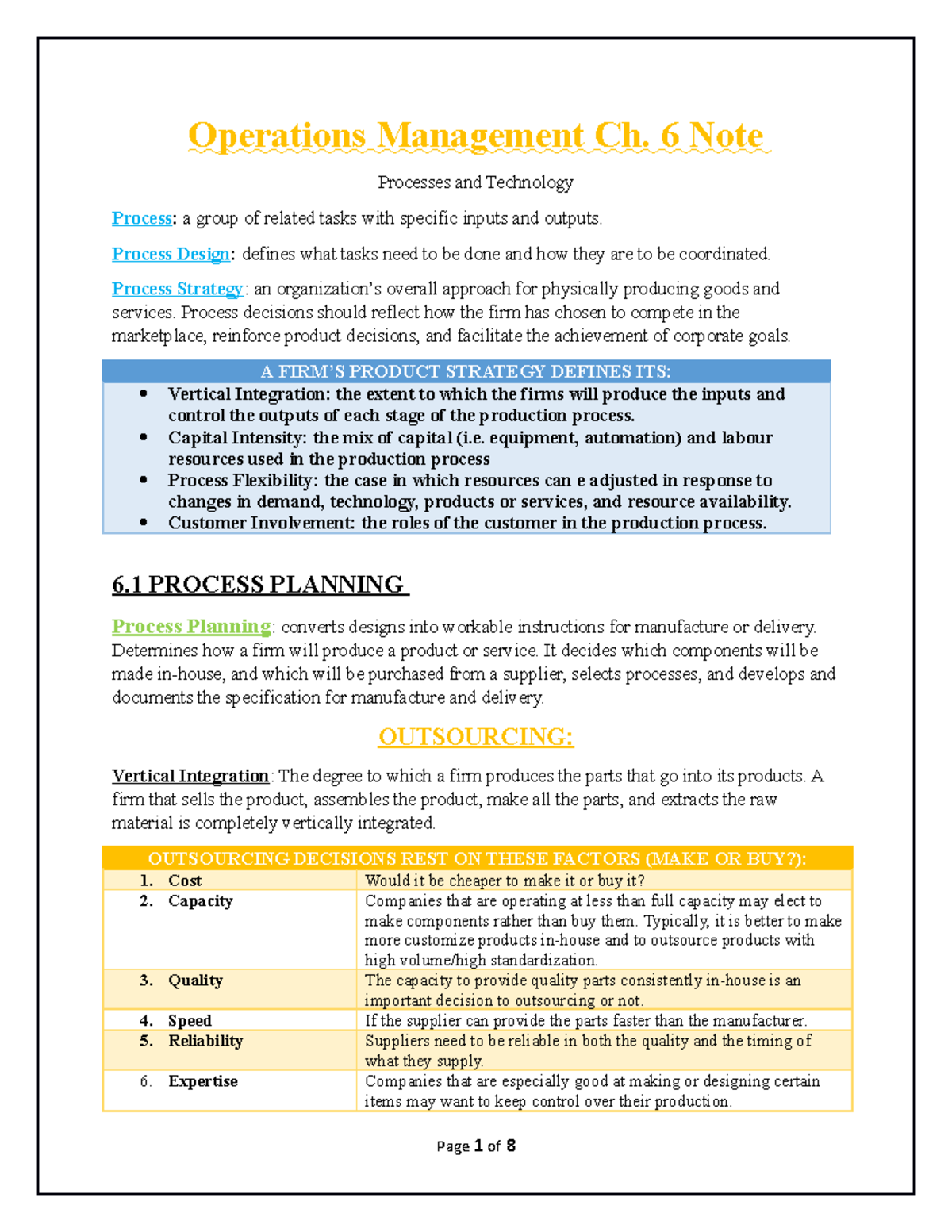 Operations Ch 6 Note - Operations Management Ch. 6 Note Processes and ...