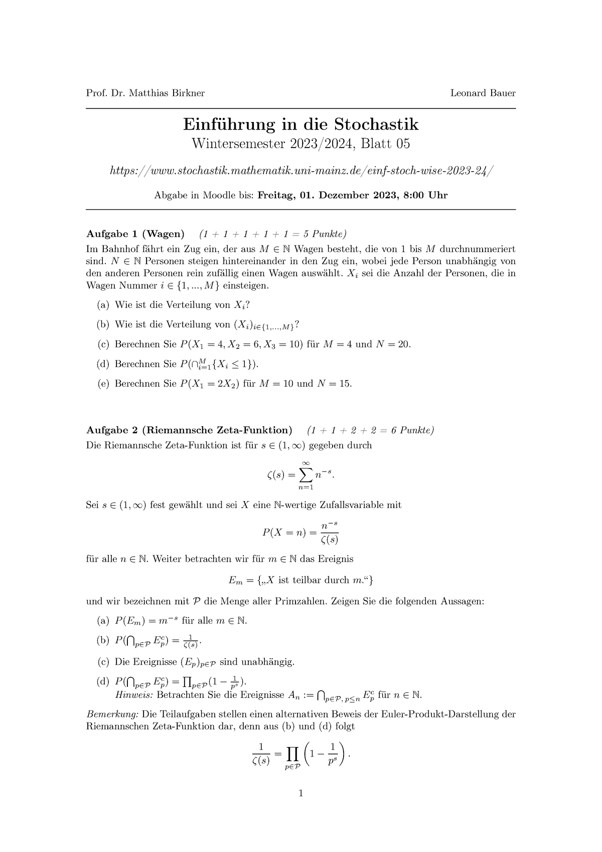 Grundlagen Der Stochastik Wi Se 23 24 Blatt 05 - Prof. Dr. Matthias ...