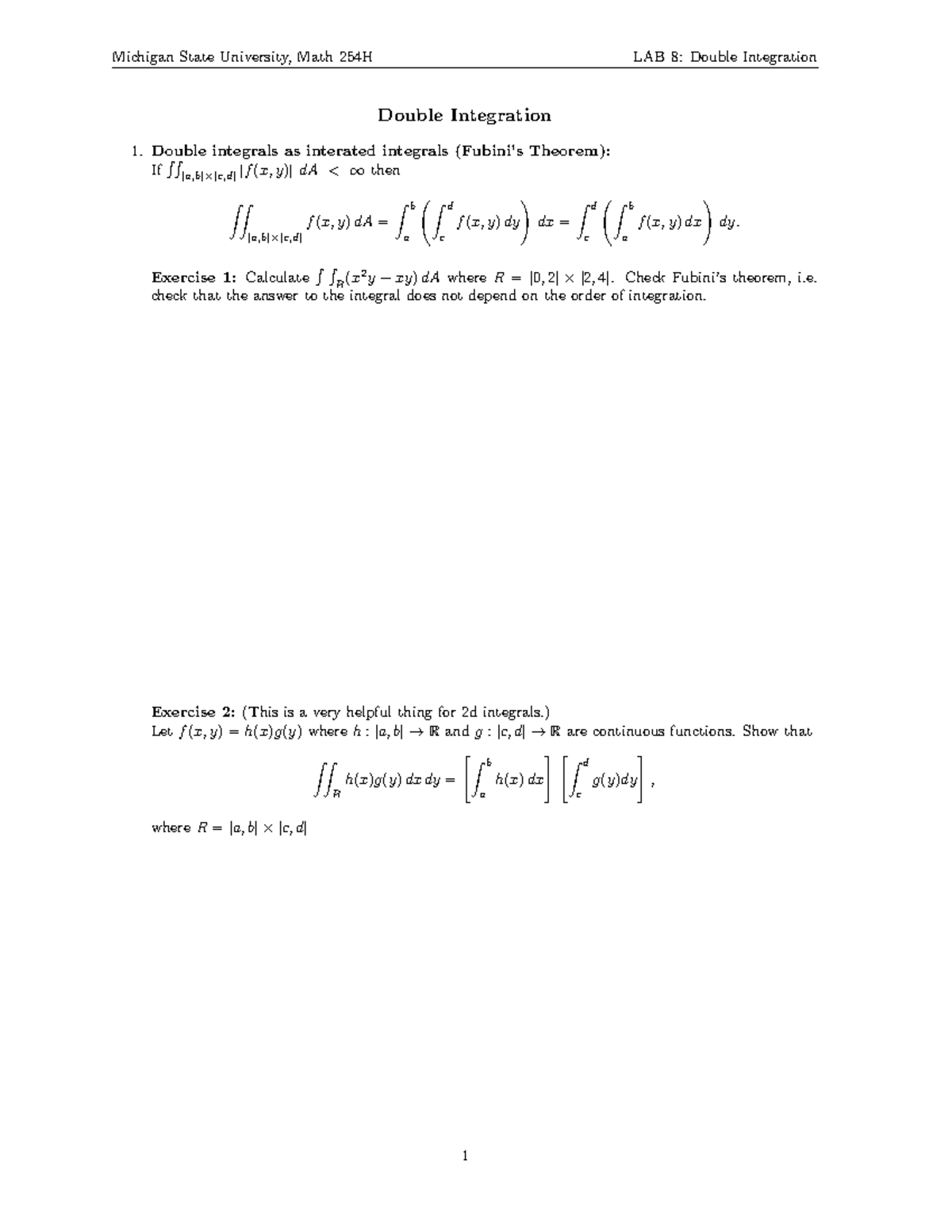 LAB8 worksheet - Double Integral exercises from MSU - Double ...
