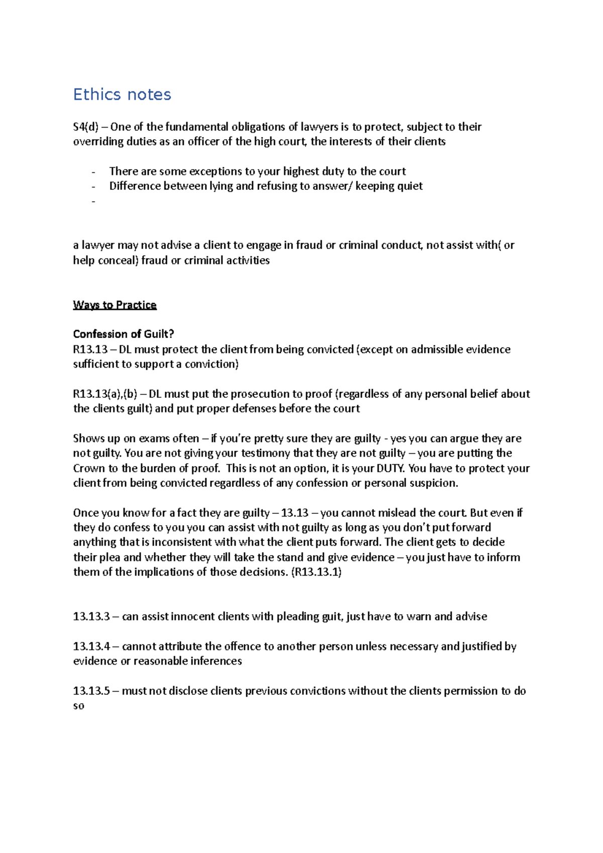 Ethics notes Ethics notes S4(d) One of the fundamental obligations