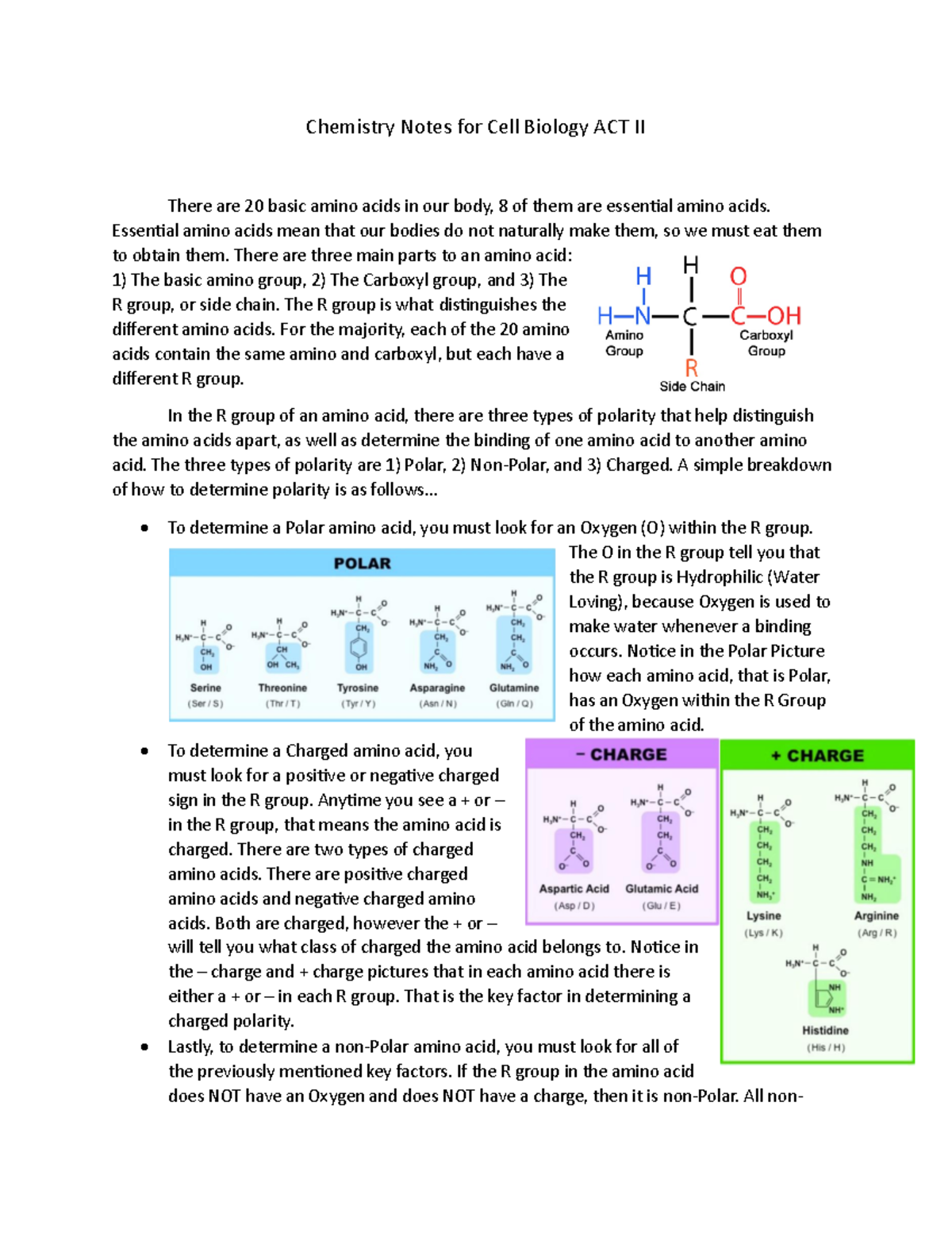 Chemistry Notes for Cell Biology ACT II - Essential amino acids mean ...