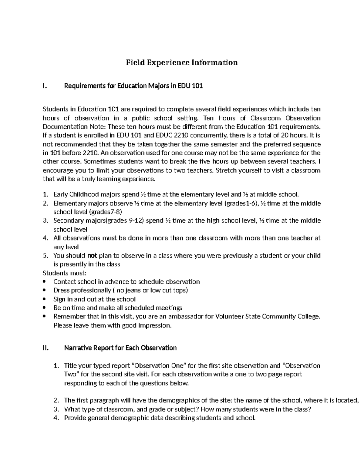 Field Experience Instructions 2 - Field Experience Information I ...