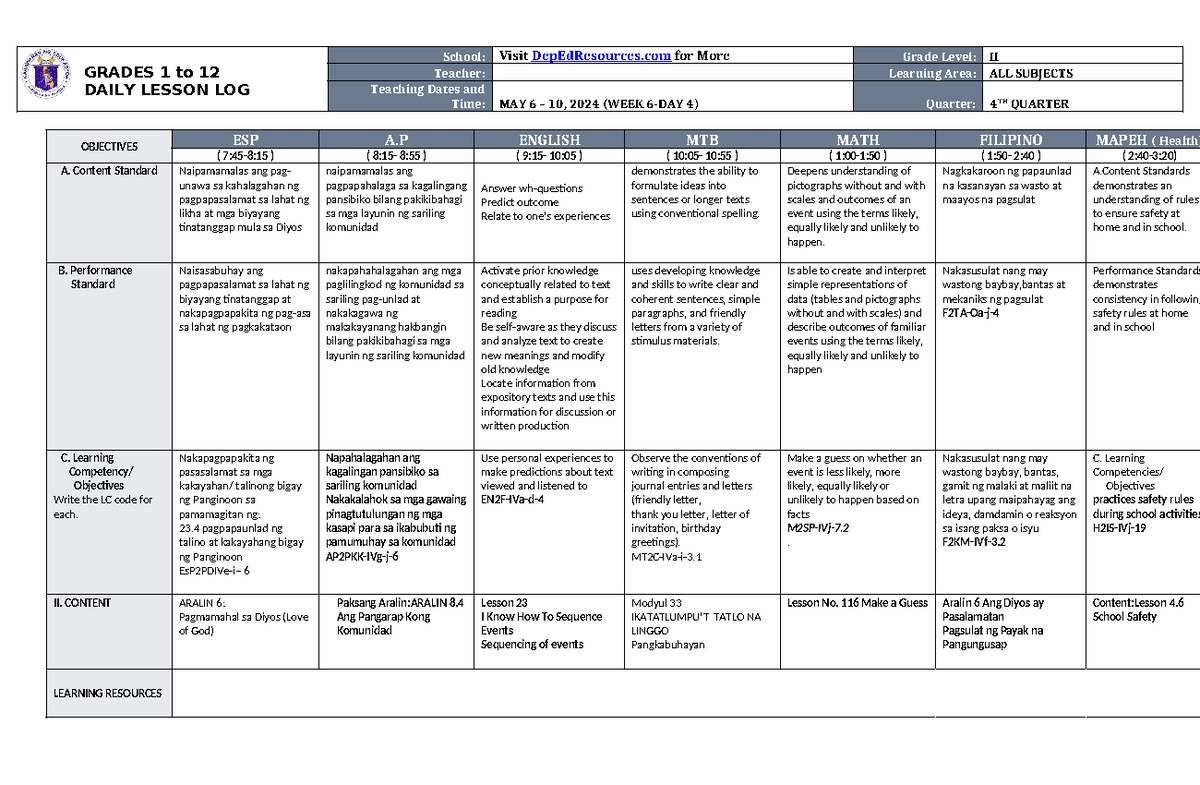 DLL ALL Subjects 2 Q4 W6 D4 - GRADES 1 to 12 DAILY LESSON LOG School ...