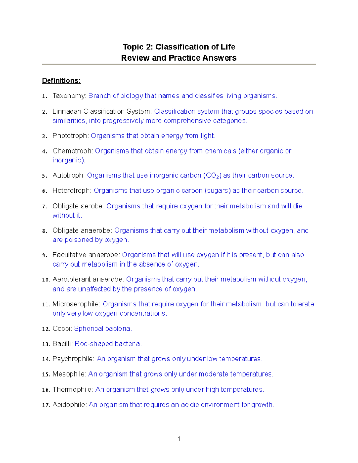 Topic 2 Review Answers - Topic 2: Classification of Life Review and ...