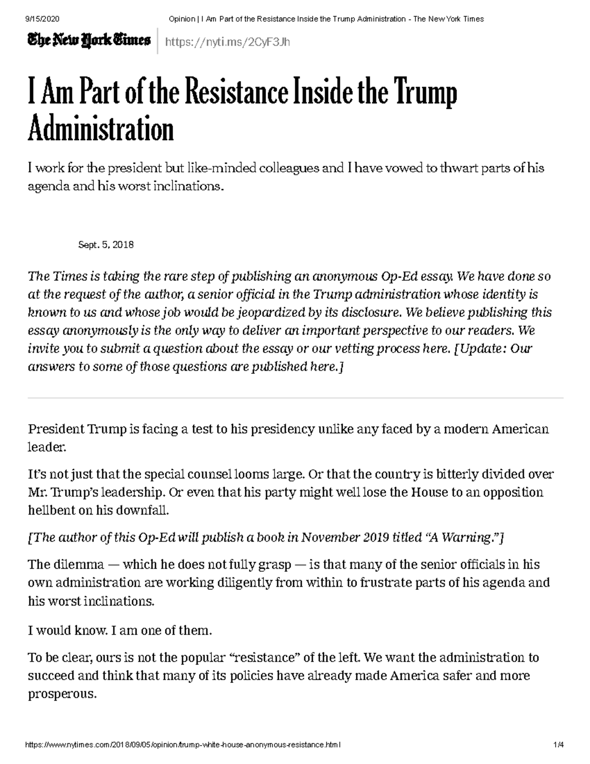 Opinion I Am Part of the Resistance Inside the Trump Administration