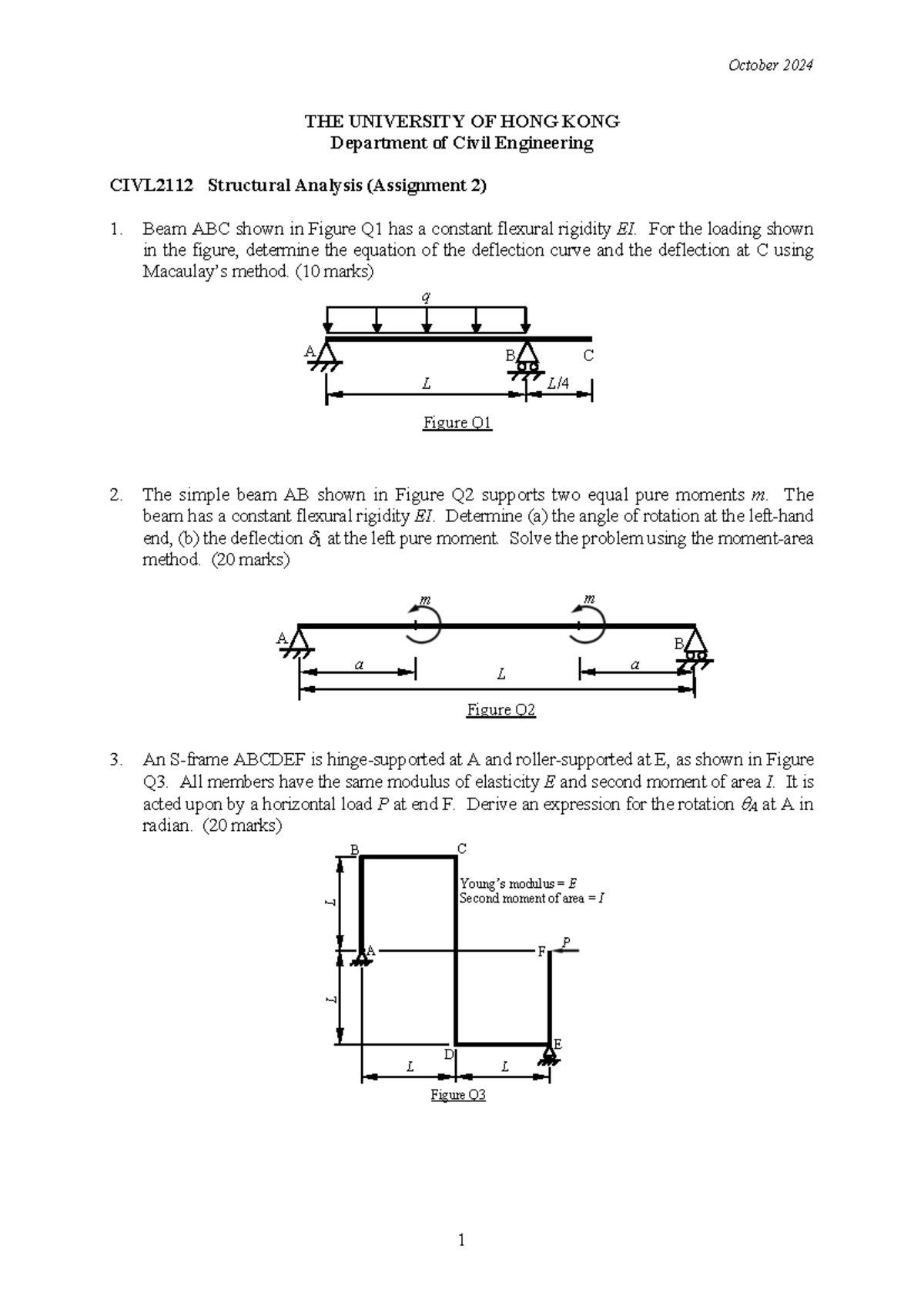 Assignment 2 Oct2024 - 2112 - October 2024 1 CIVL2112 1. Beam ABC shown ...