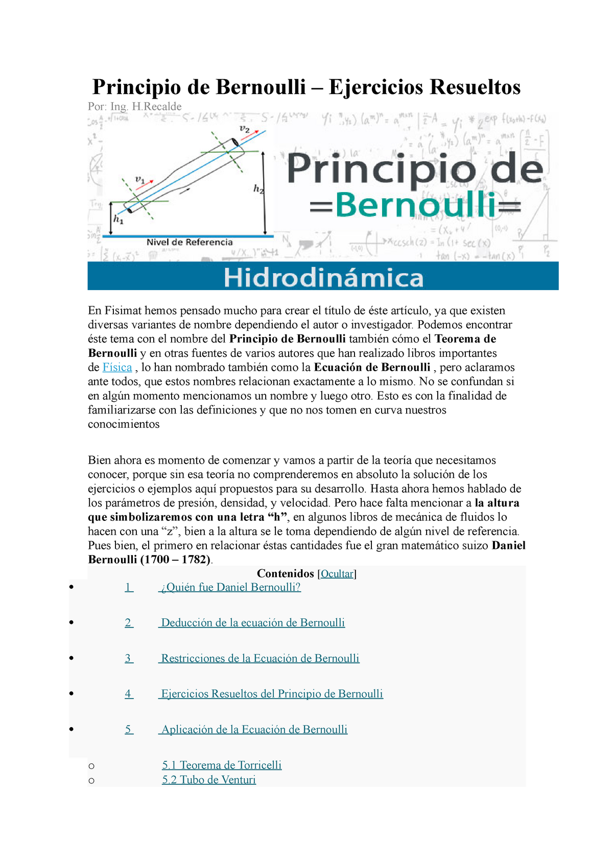 Principio de Bernoulli - H En Fisimat hemos pensado mucho para crear el  título de éste artículo, ya - Studocu