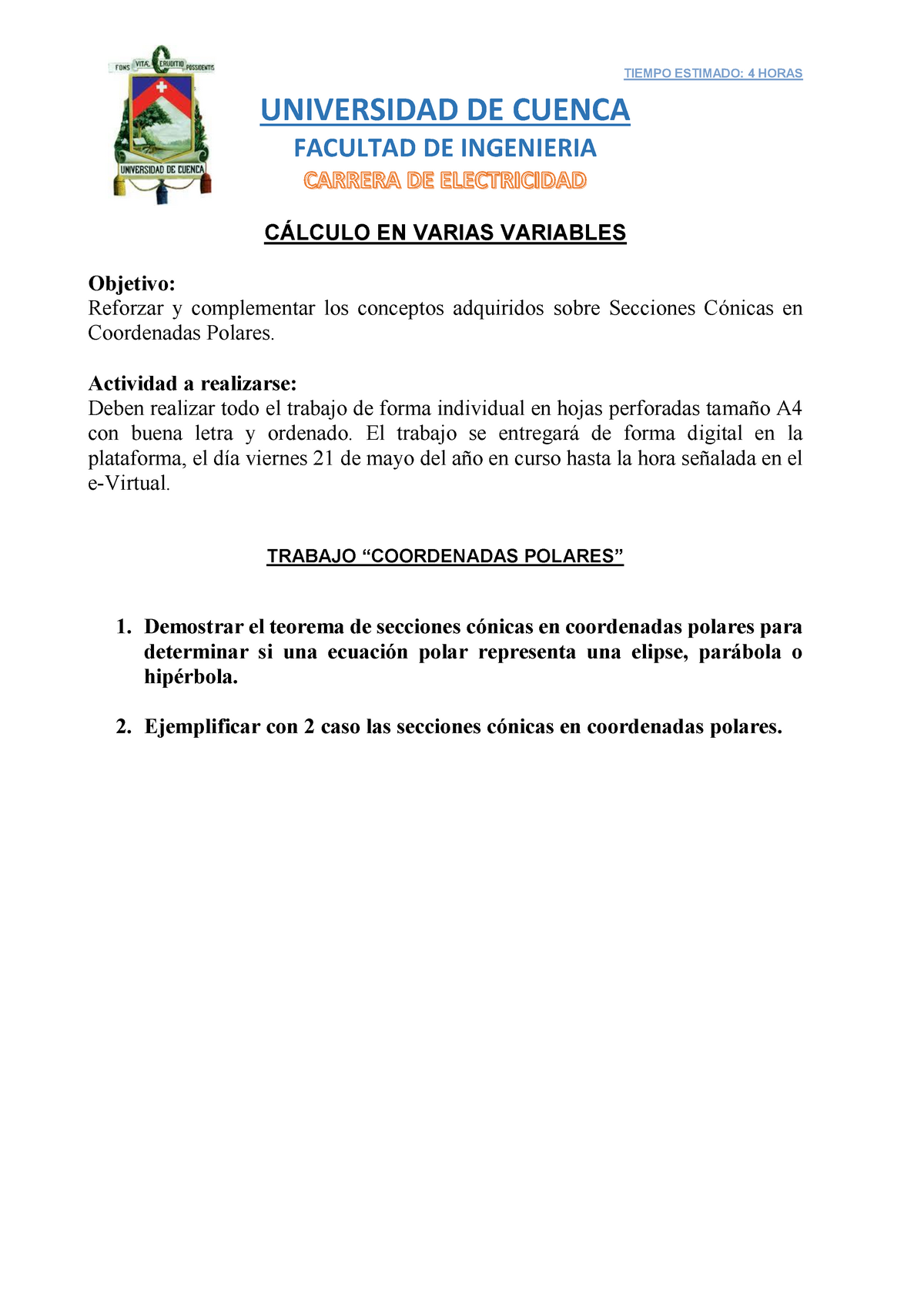 Trabajo Secciones C Nicas En Coordenadas Polares Tiempo Estimado