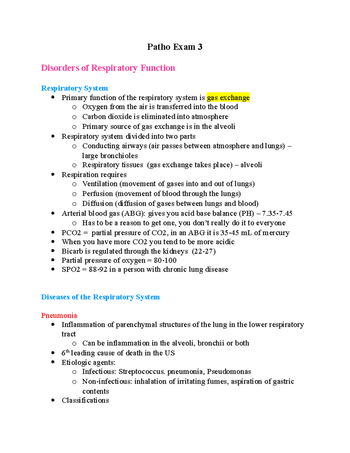 Patho Exam 3 - notes - Patho Exam 3 Disorders of Respiratory Function ...