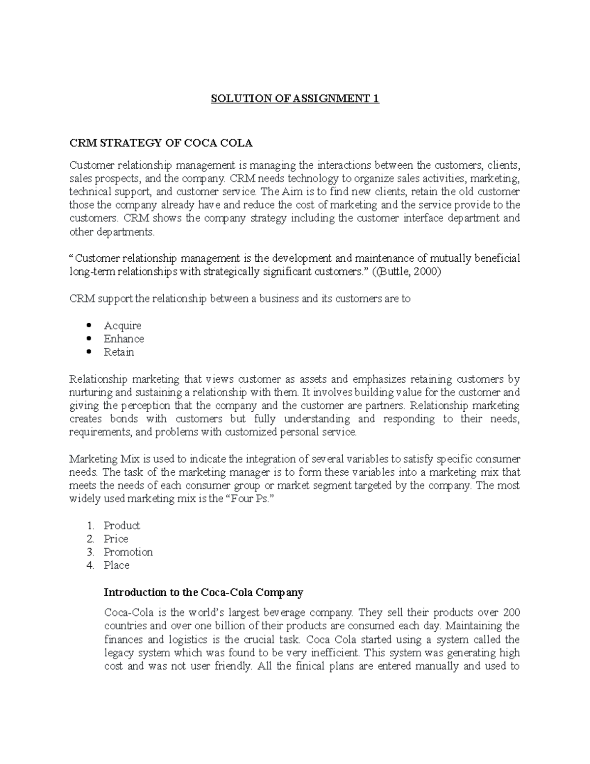 Solution OF Assignment 1 SOLUTION OF ASSIGNMENT 1 CRM STRATEGY OF 