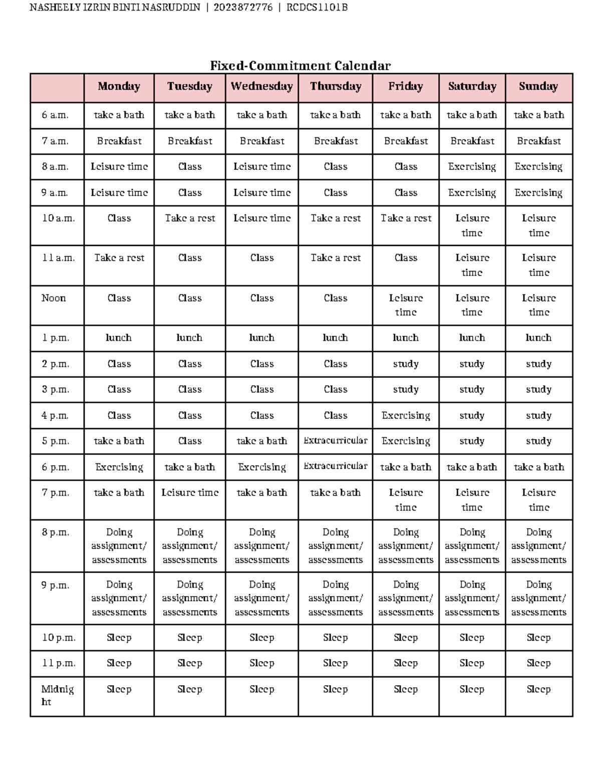 Ued11 - Fixed-Commitment Calendar Monday Tuesday Wednesday Thursday ...