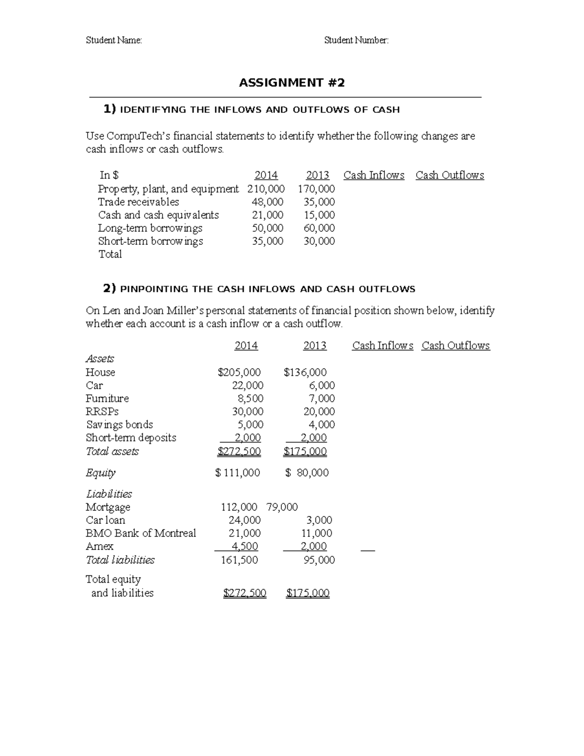 Assignment #2 - Cashflow - ASSIGNMENT 1) IDENTIFYING THE INFLOWS AND ...