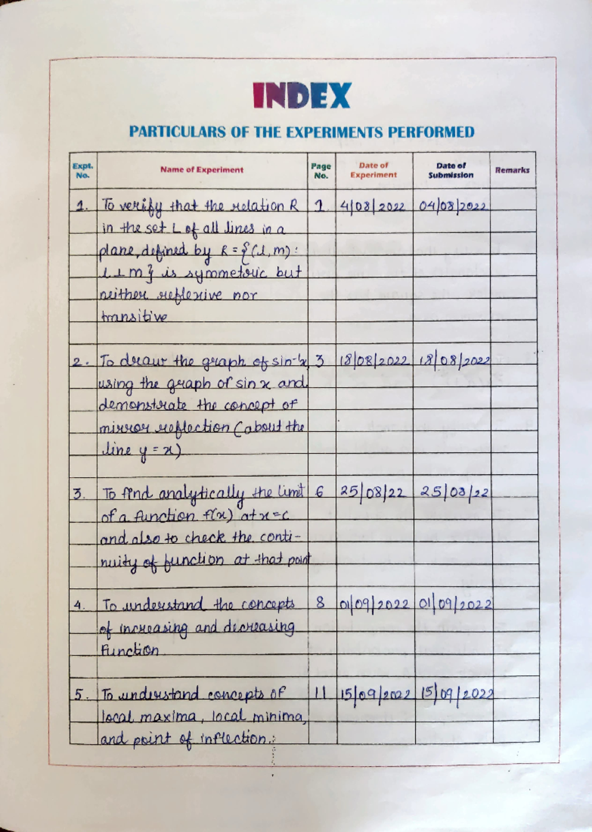 Grade 12 cbse math journal - INDEX PARTICULARS OF THE EXPERIMENTS ...