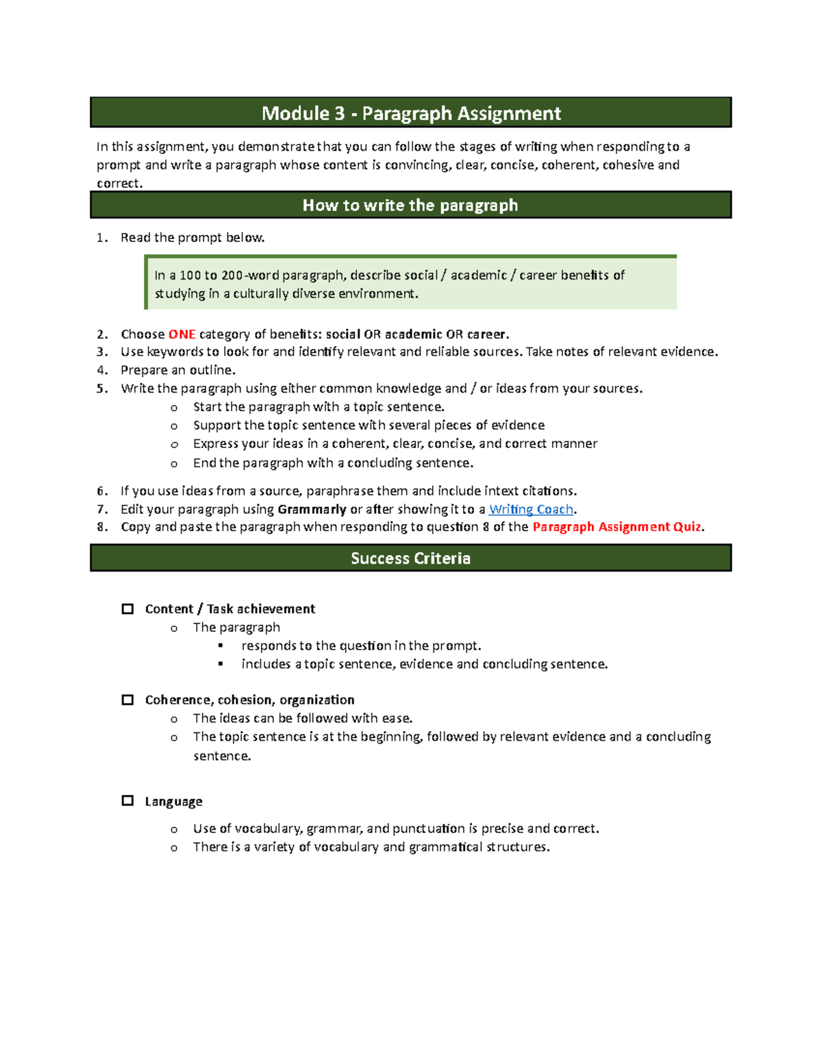 Paragraph Assignment - How to write the paragraph Read the prompt below ...