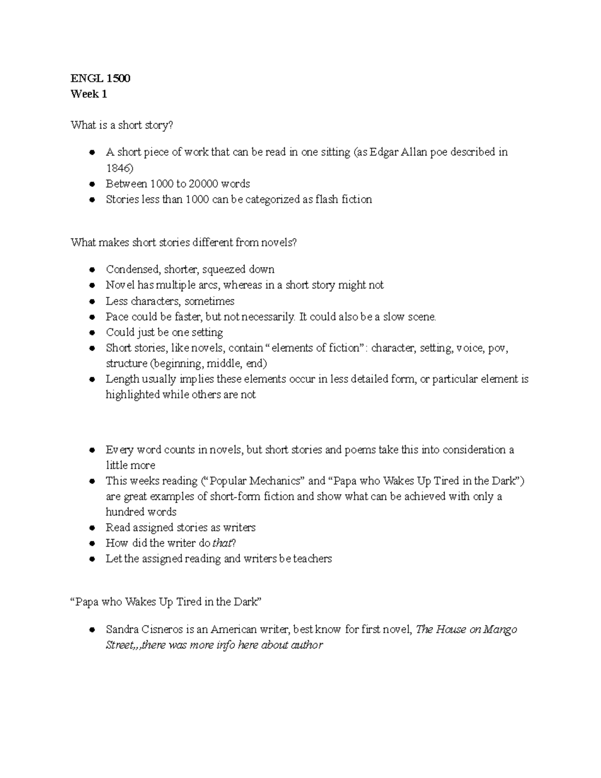 ENGL 1500 Notes - ENGL 1500 Week 1 What is a short story? A short piece ...
