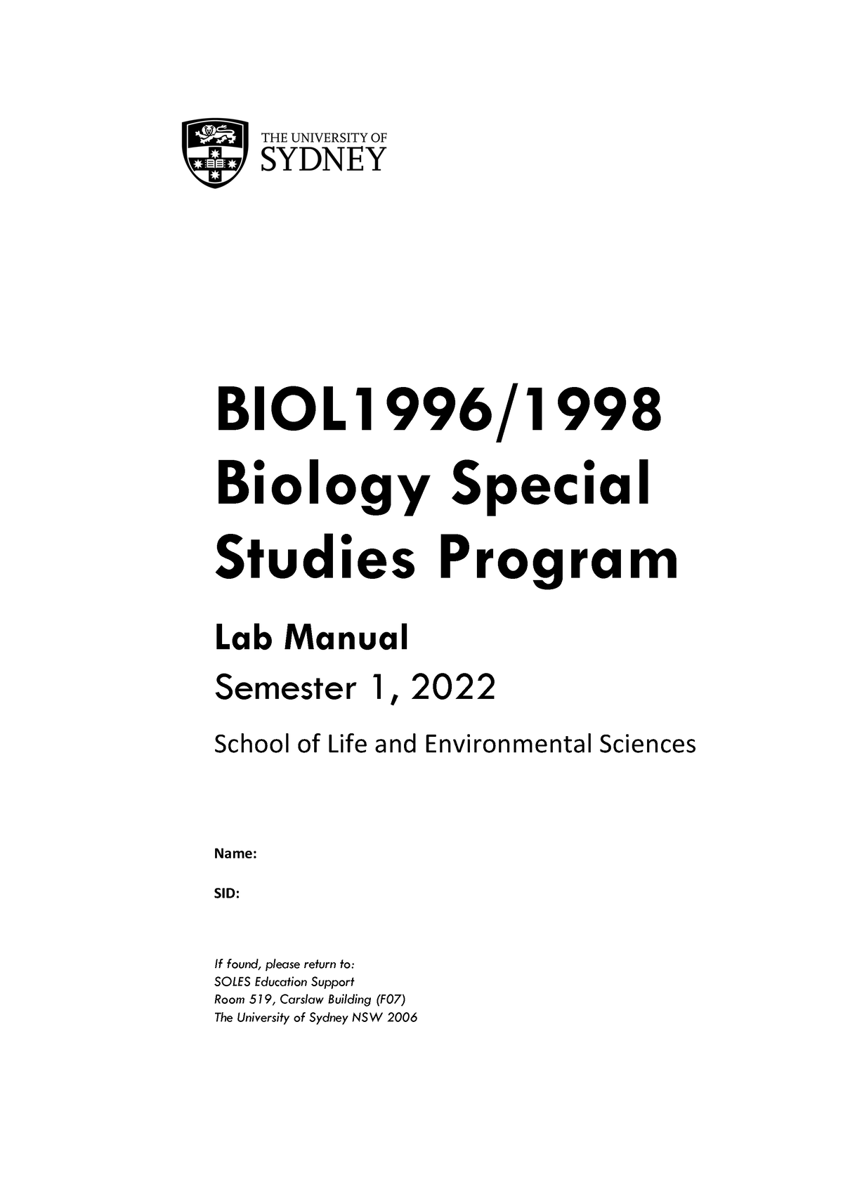 Biology SSP - lab maunel - BIOL1996/ Biology Special Studies Program ...