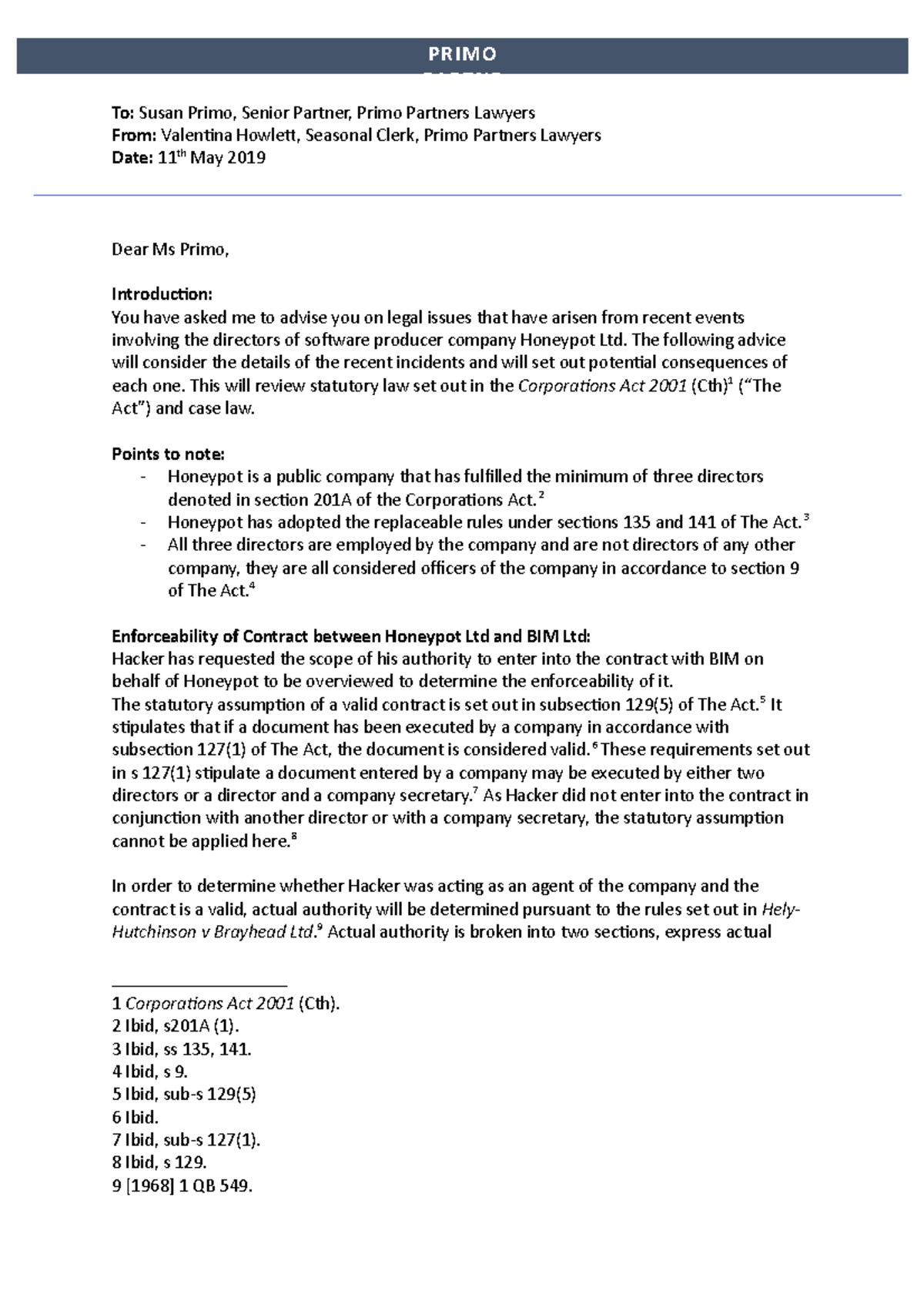 ACL Assignment Two - Grade: 90% - PRIMO PARTNER LAWYERS To: Susan Primo ...