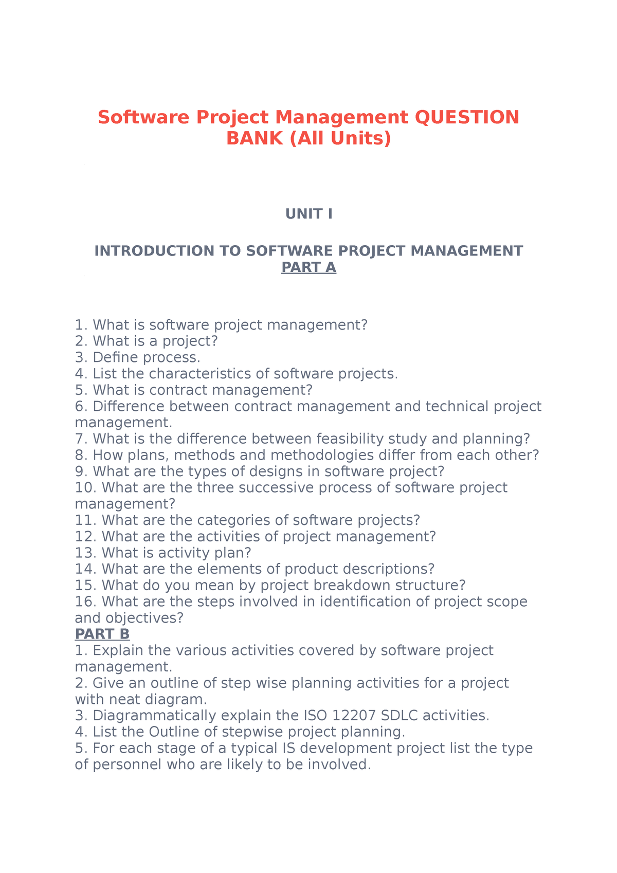 software project management assignment questions