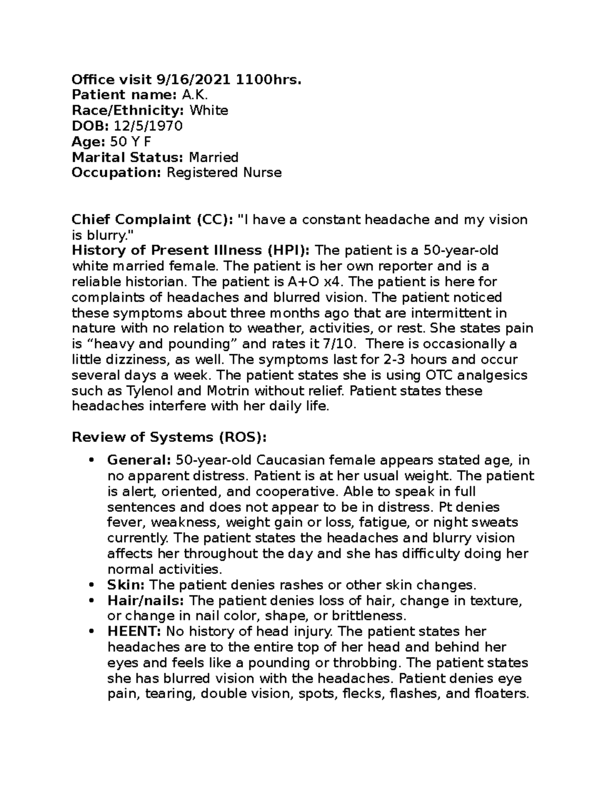 Health History Template - Office visit 9/16/2021 1100hrs. Patient name ...