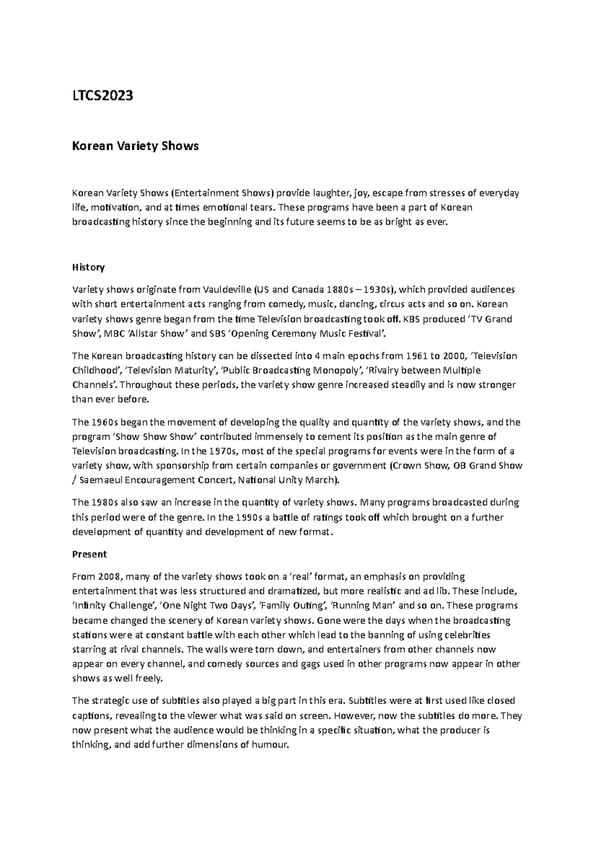 Lecture Note Korean Variety Shows LTCS Korean Variety Shows Korean