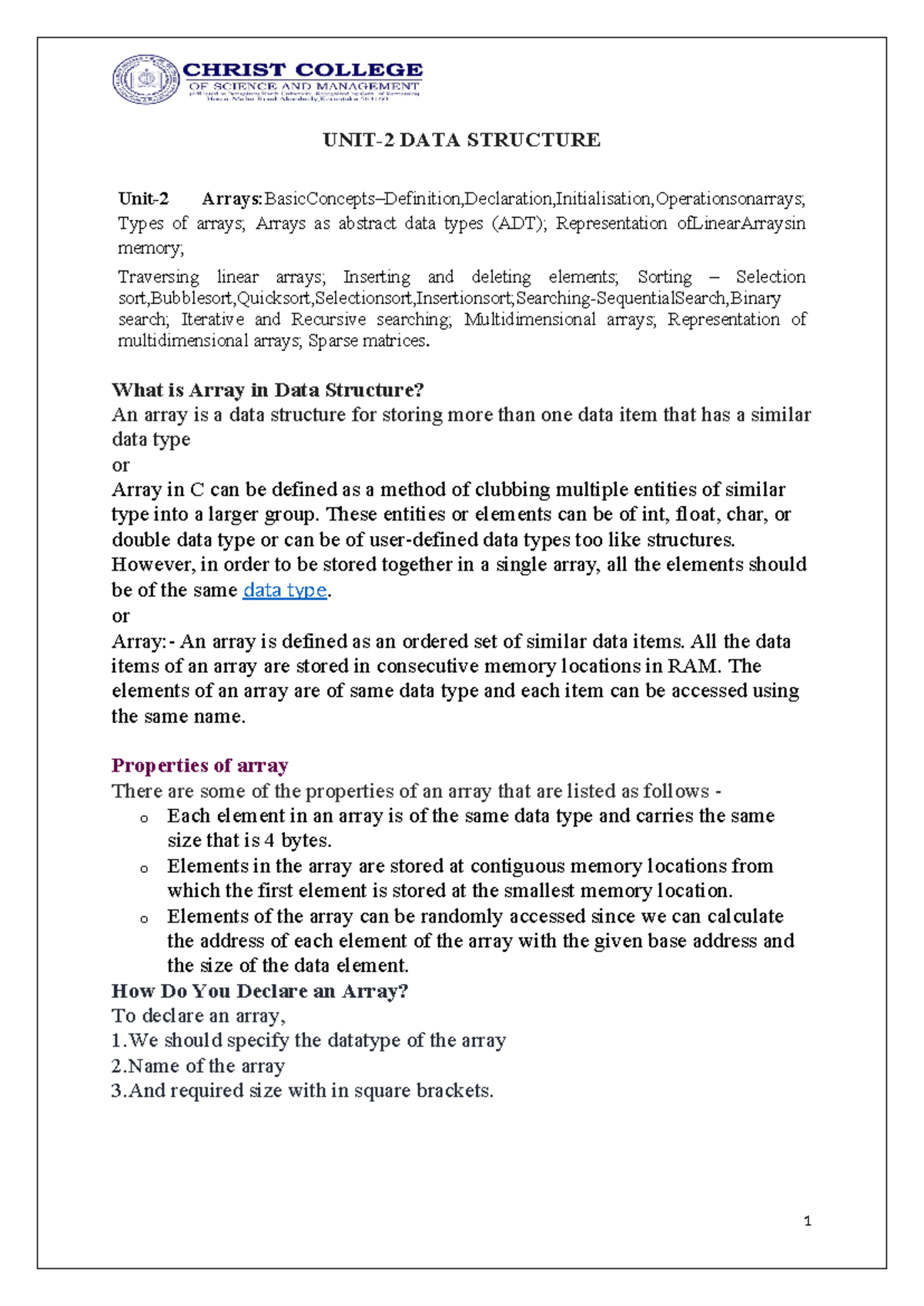 Ds-chapter 2 notes - UNIT-2 DATA STRUCTURE Unit-2 - Studocu
