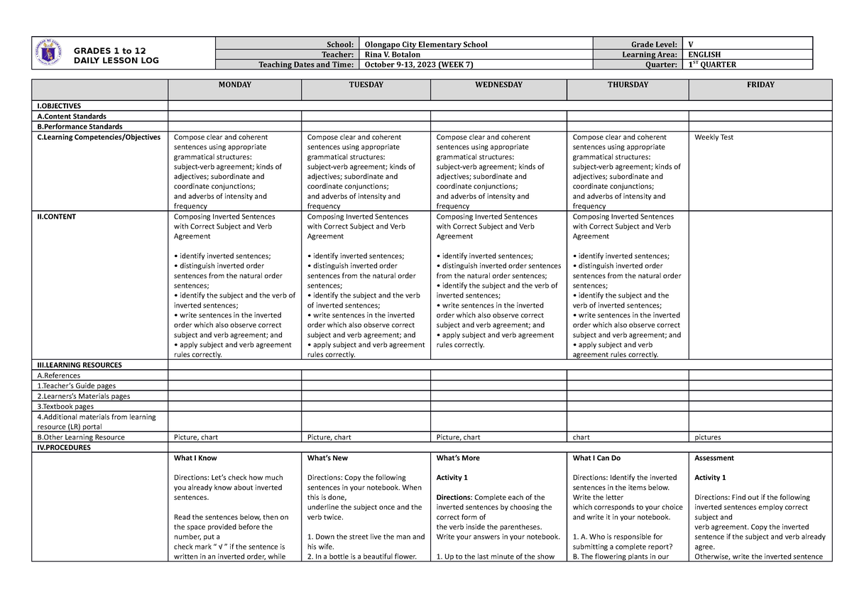 DLL English 5 Q1 W7 - DAILY LESSON LOG - GRADES 1 to 12 DAILY LESSON ...