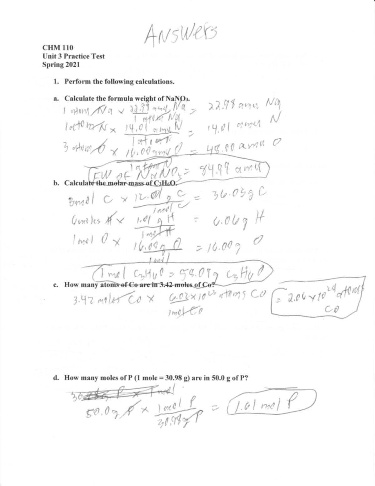 Chm 110 Practice Test 3 Answers Spring 2021 Chm 110 Studocu