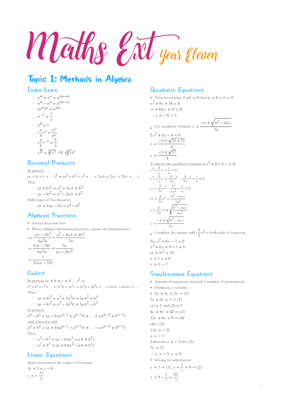 Yr11 Math Ext+adv - Notes - Maths Ext Year Eleven Topic 1: Methods In ...