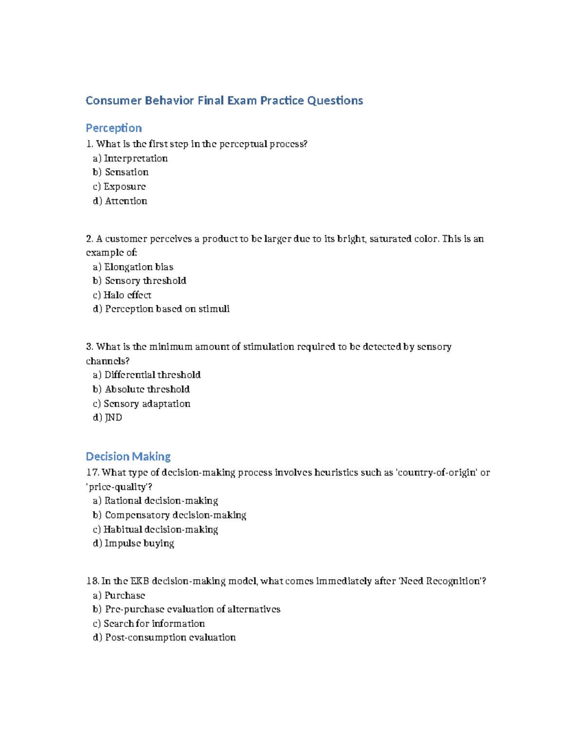 Consumer Behavior Practice Questions - Consumer Behavior Final Exam ...