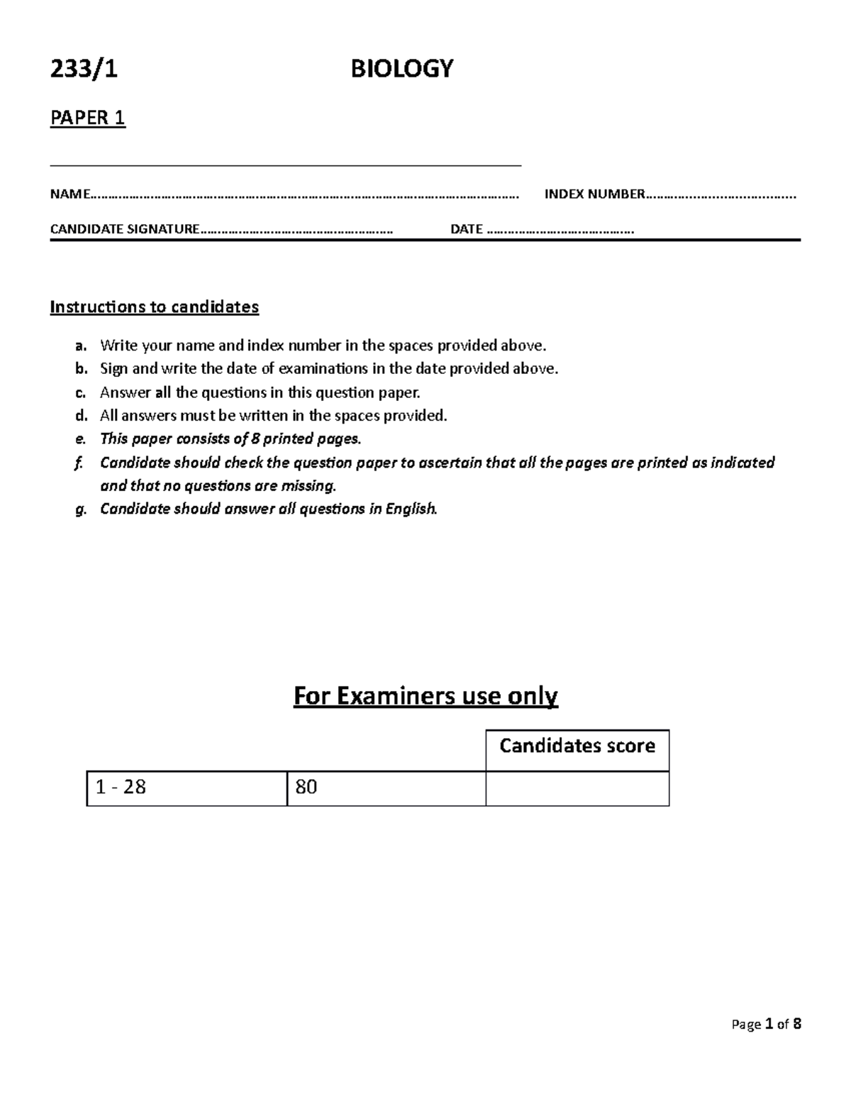 Biology 2020 P1 Questions 233 1 BIOLOGY PAPER 1 Studocu