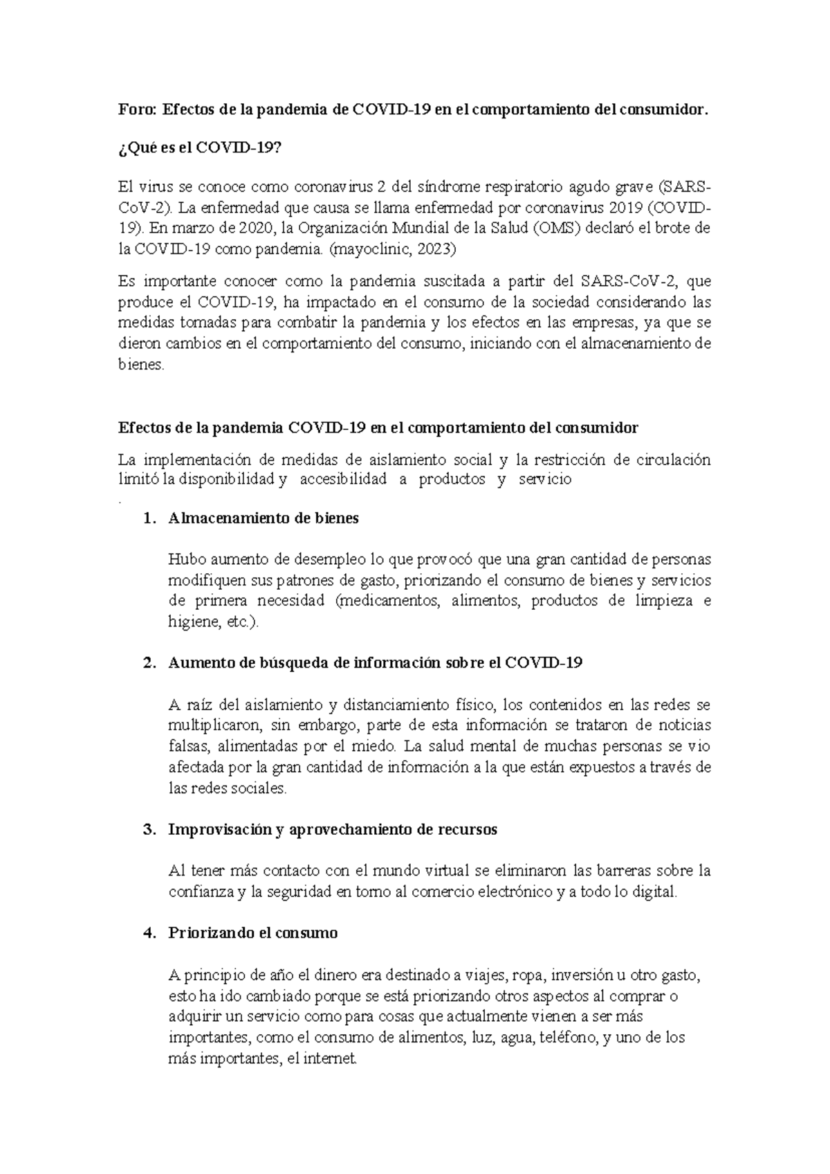 FORO 1 Psicología DE LA Salud - Foro: Efectos de la pandemia de COVID ...
