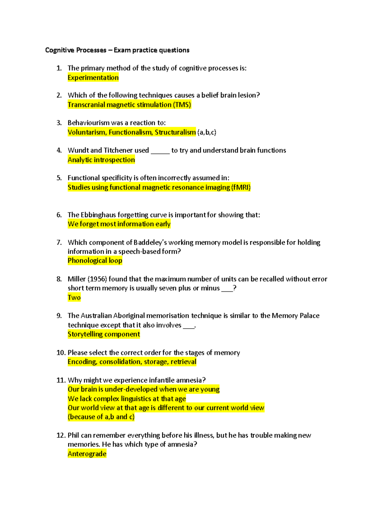 Cognitive Processes - Exam practice questions - Cognitive Processes ...