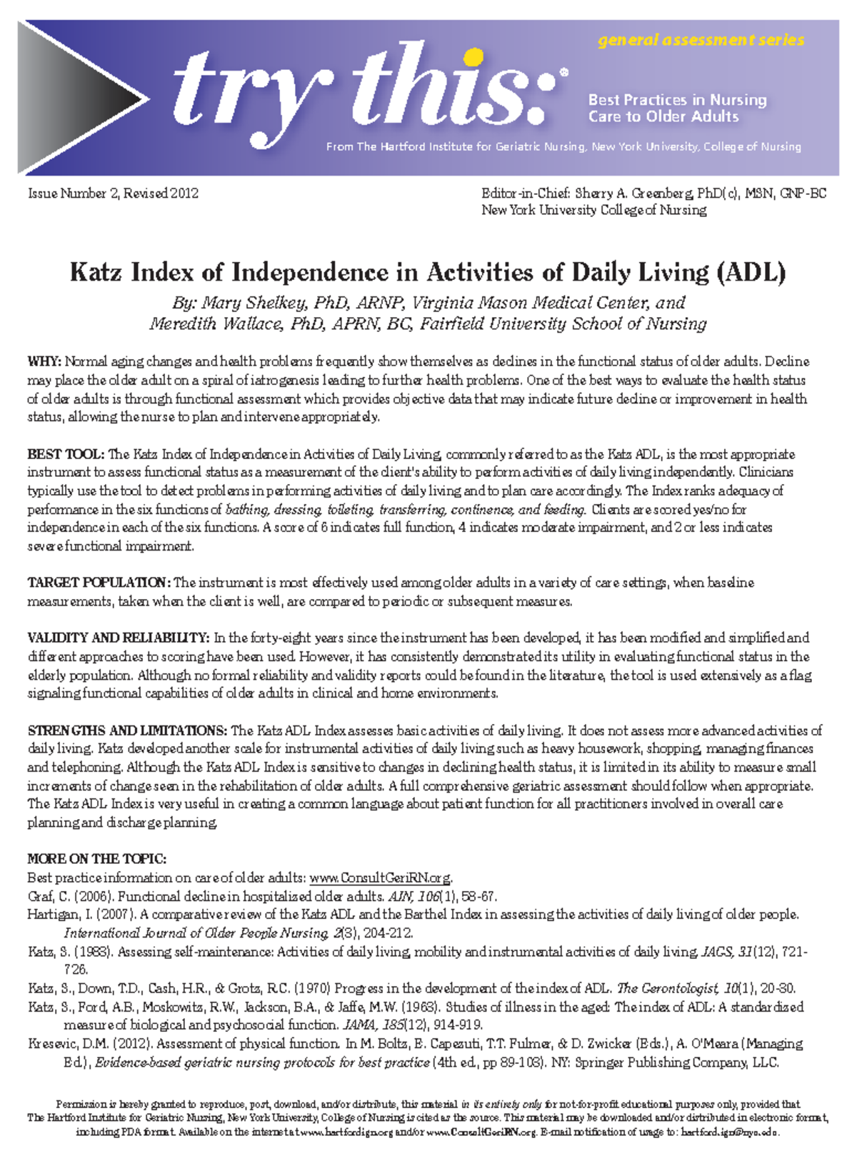 Katz ADL Scale - From The Hartford Institute for Geriatric Nursing, New ...