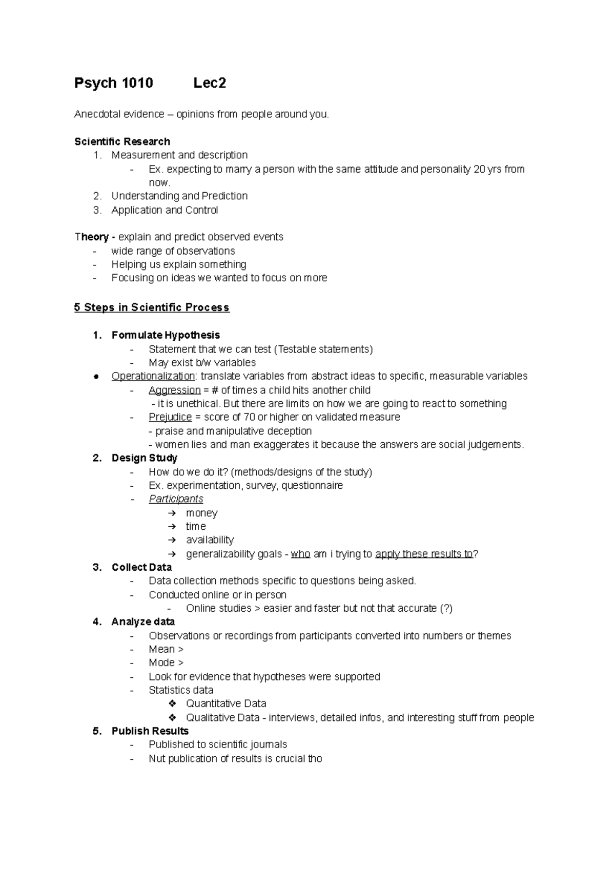 Psyc 1010 Lec 2 and Lec 3 - lecture notes and tips for the exams ...