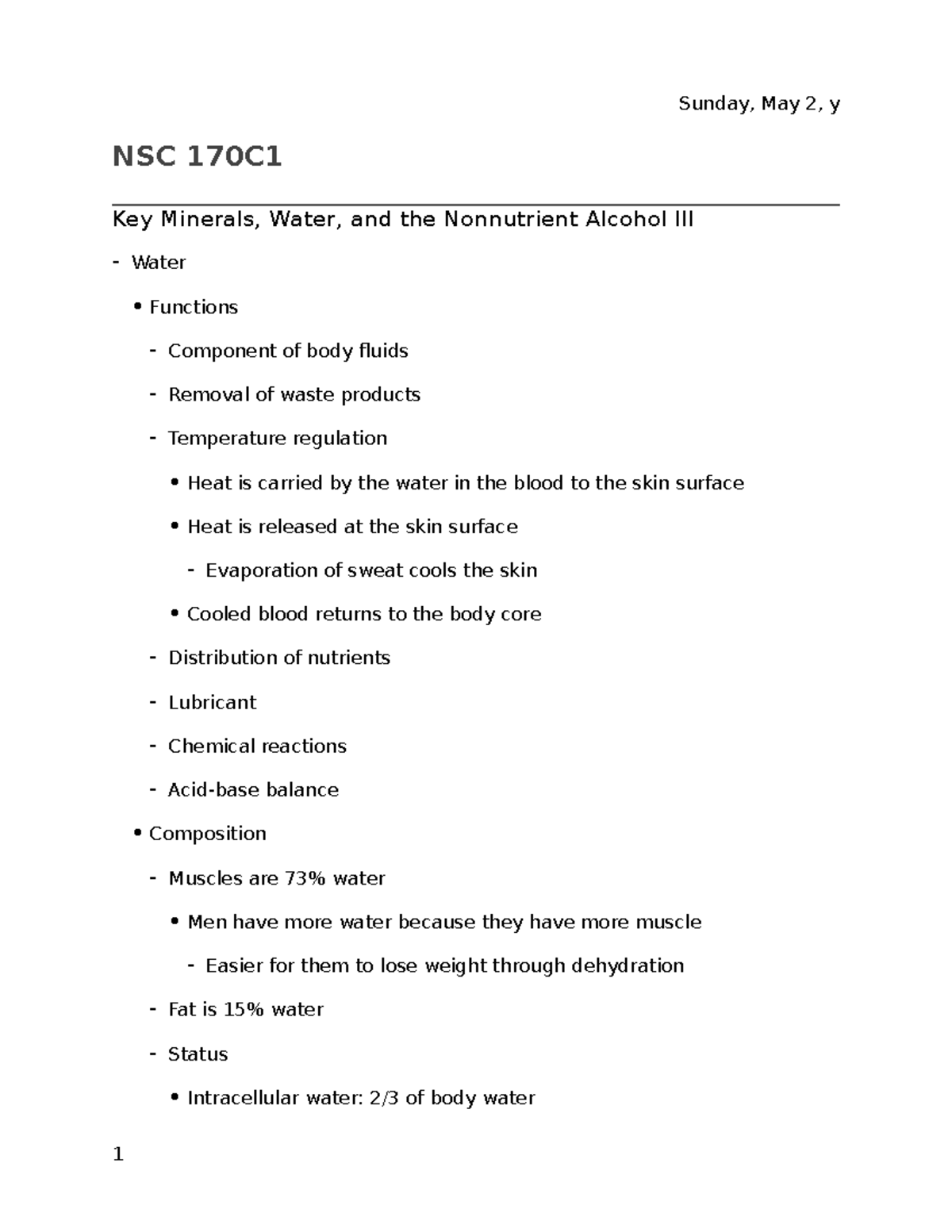 Lecture 18 Key Minerals, Water, and the Nonnutrient Alcohol III
