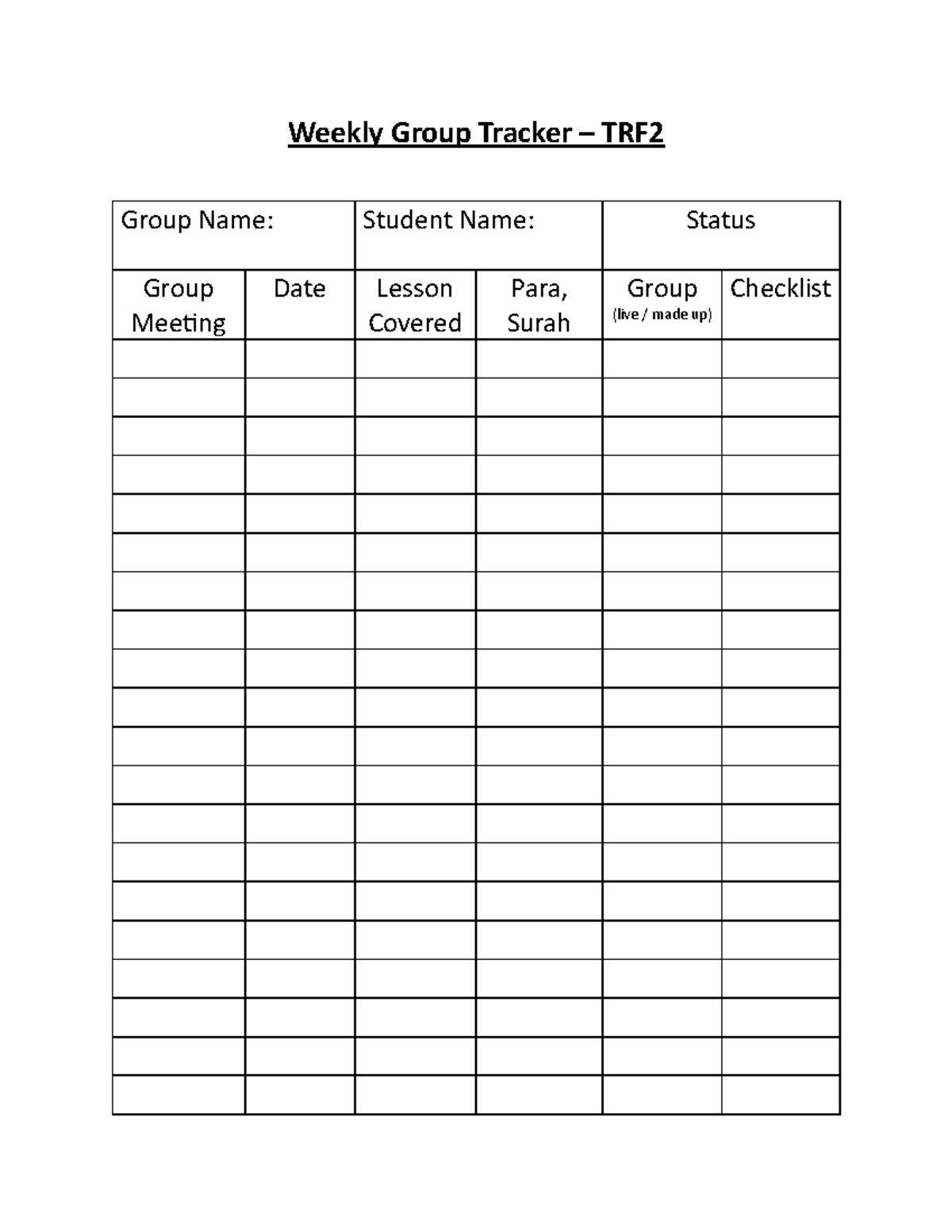 Weekly Group Tracker TRF2 - Weekly Group Tracker – TRF Group Name ...