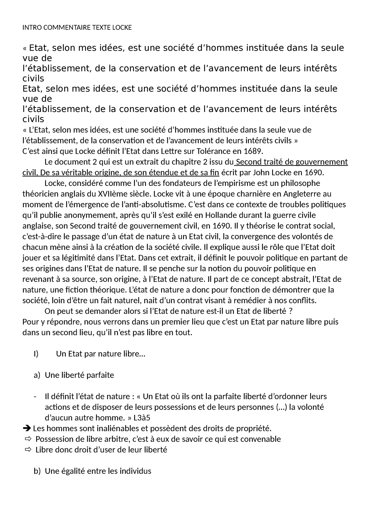 Commentère texte - INTRO COMMENTAIRE TEXTE LOCKE « Etat, selon mes ...