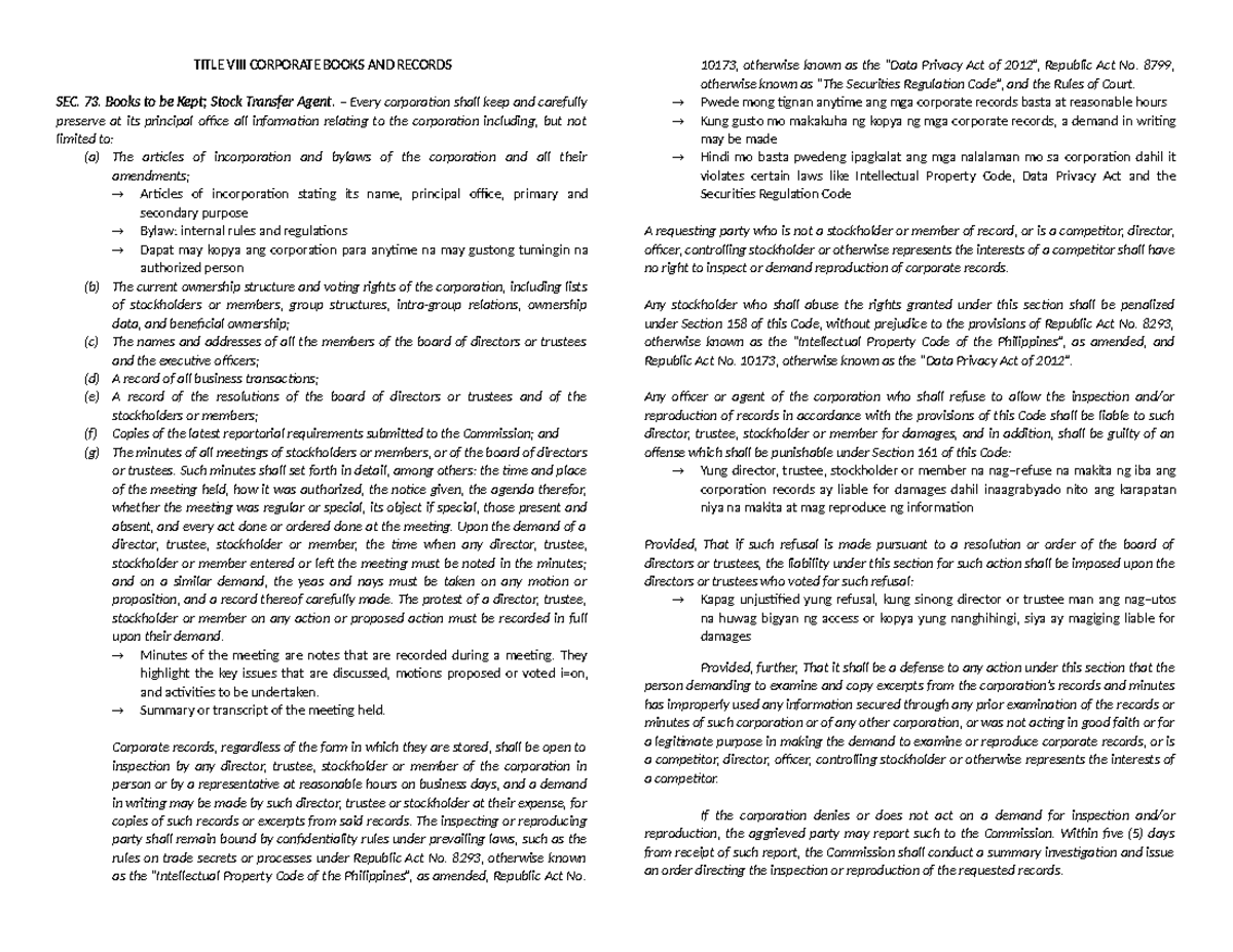 Title VIII Corporate Books AND Records TITLE VIII CORPORATE BOOKS AND