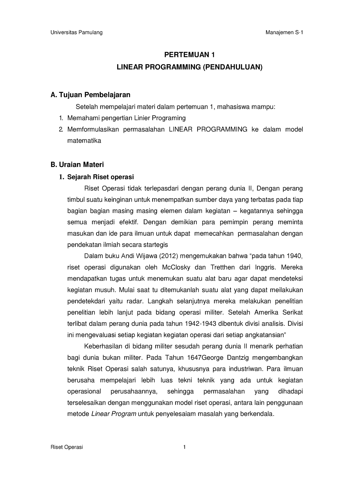 SMJ0283 Riset Operasi Pertemuan 1 - PERTEMUAN 1 LINEAR PROGRAMMING ...